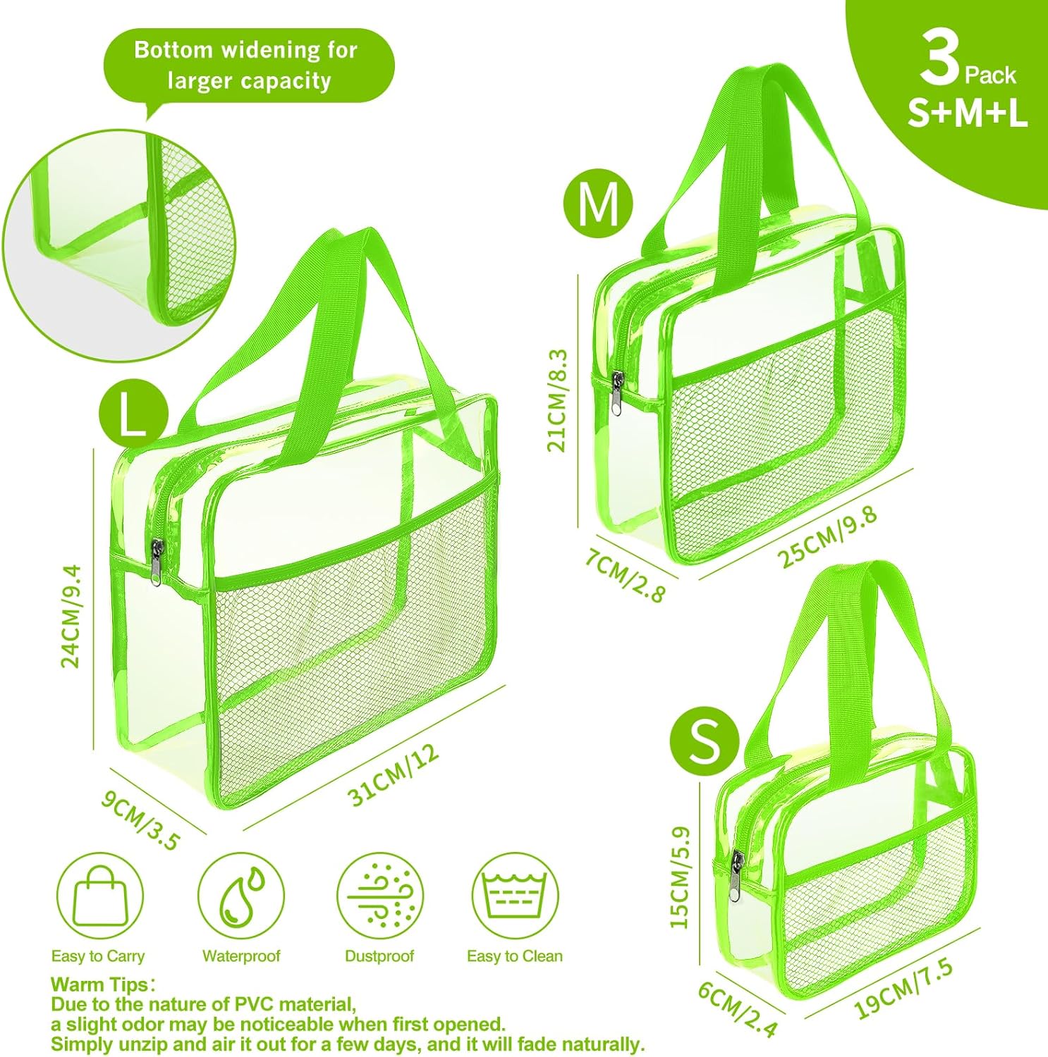 XEWEA Clear Travel Toiletry Bags, 3 Pack TSA Approved Transparent Makeup Bag for Men Women, Large Waterproof PVC Quart Organizer with Zipper for Toiletries Airline Essential,Toy Storage Pouch Green