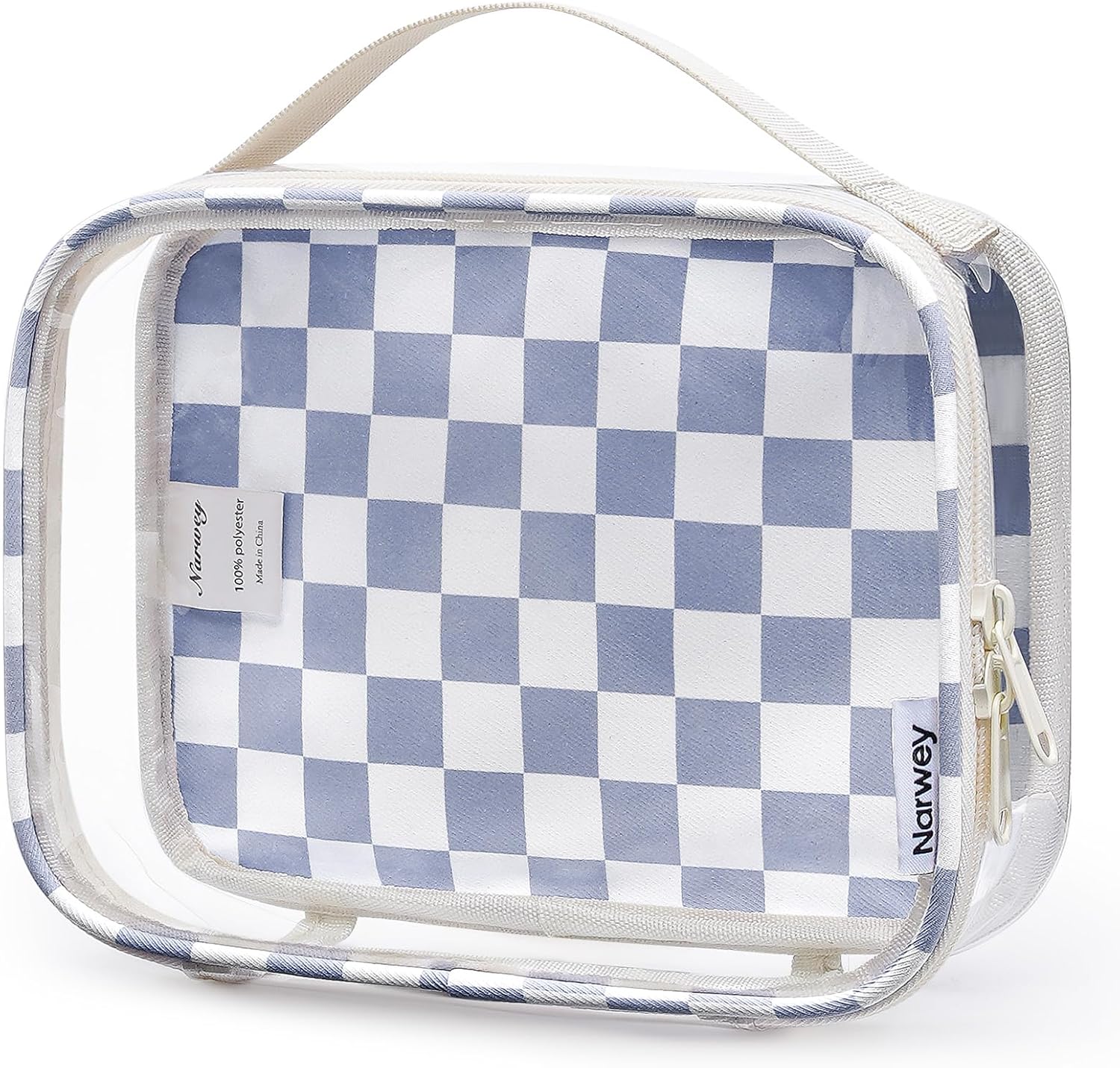 Narwey TSA Approved Clear Toiletry Bag for Travel, Waterproof PVC Clear Makeup Bags Portable Compact Cosmetic Bag Make Up Organizer Airport Airline Quart Size Compliant Bag (Grayish Blue Checkerboard)