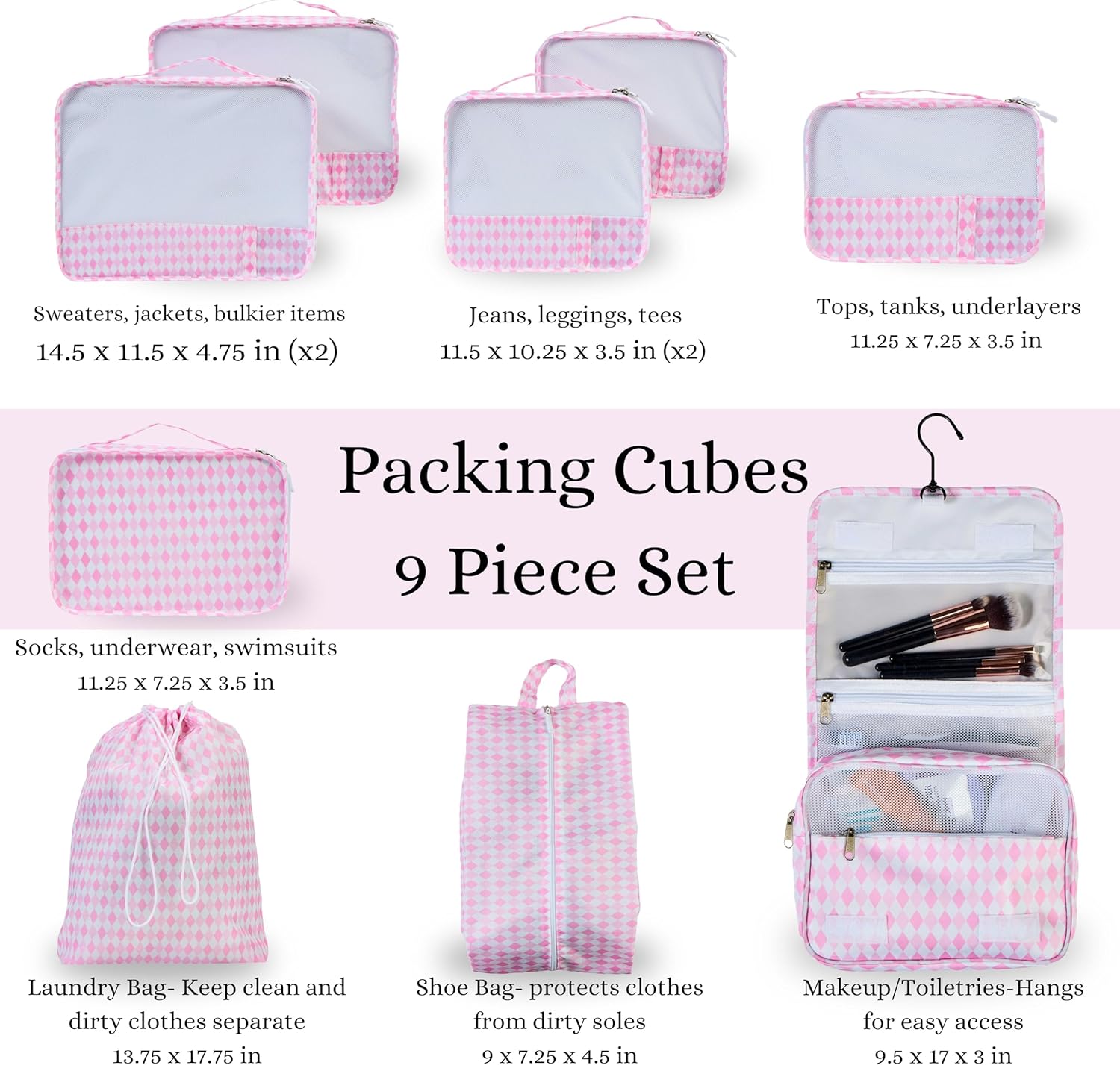 9 Set Packing Cubes - Suitcase Organizer, Cute Packing Cubes, Travel Bags Organizer for Luggage with Hanging Toiletry and Shoe Bag, Travel Essentials for Women, Men and Kids -Pink