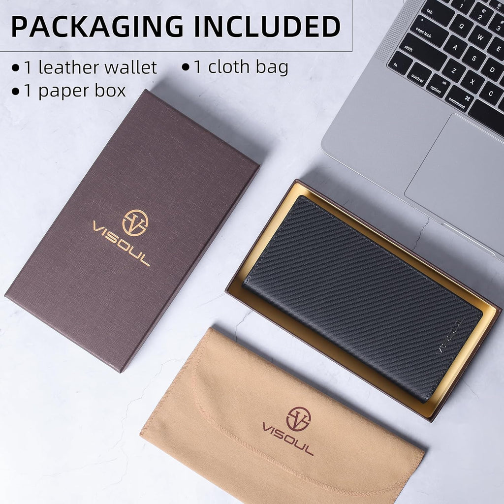 VISOUL Mens Billfold Long Checkbook Wallet Leather with RFID Blocking, Large Bifold Secretary Cash Wallet Tall with 12 Card Slots for Men (Black+Orange)