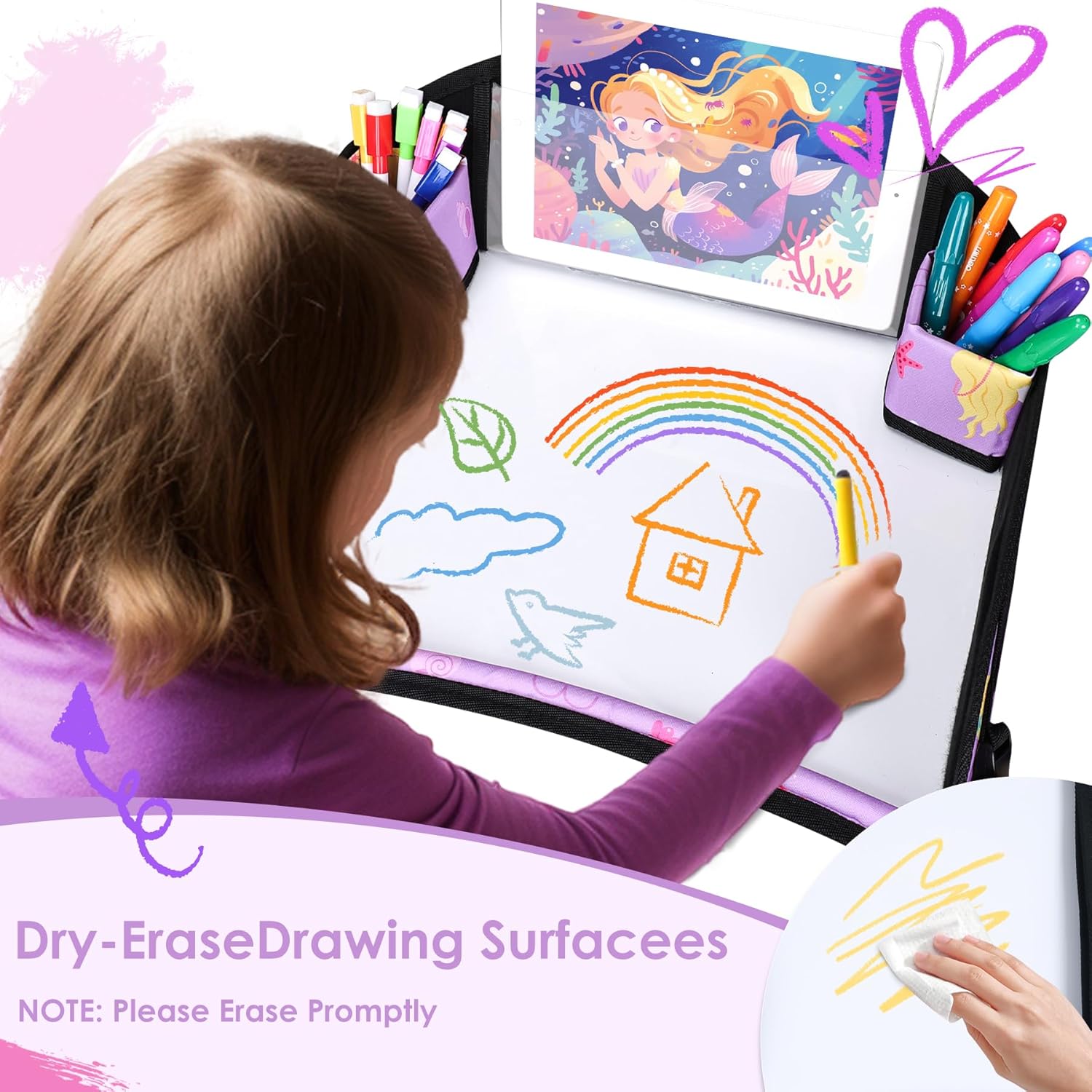 2PCS Kids Travel Tray for Airplane - Toddler Car Seat Table Tray, Road Trip Essentials for Boys & Girls, Carseat Lap Desk for Kids Road Trip Activities (Blue Dinosaur/Purple Mermaid)