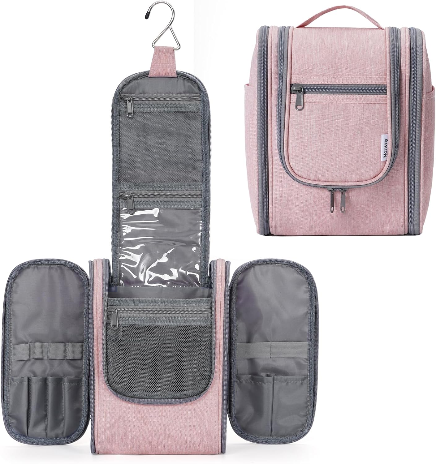 Narwey Small Hanging Toiletry Bag Women Travel Makeup Bag Organizer Toiletries Bag for Travel Size Essentials Accessories Cosmetics (Medium, Pink)