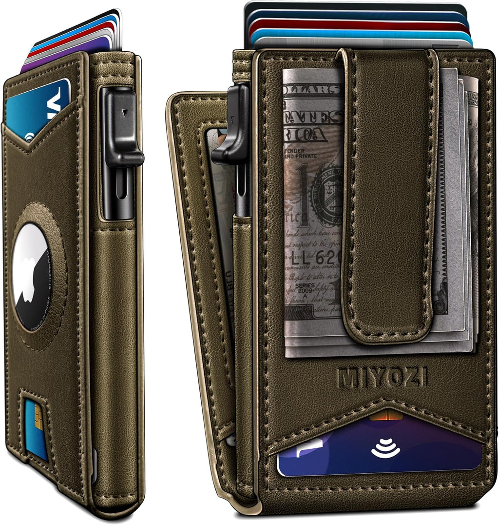 Airtag Wallet for Men,with Money Clip Gift Boxed,Slim Front Pocket Wallet RFID Blocking Metal Case Smart Pop-up Credit Card Holder in Magnetic Leather Flip