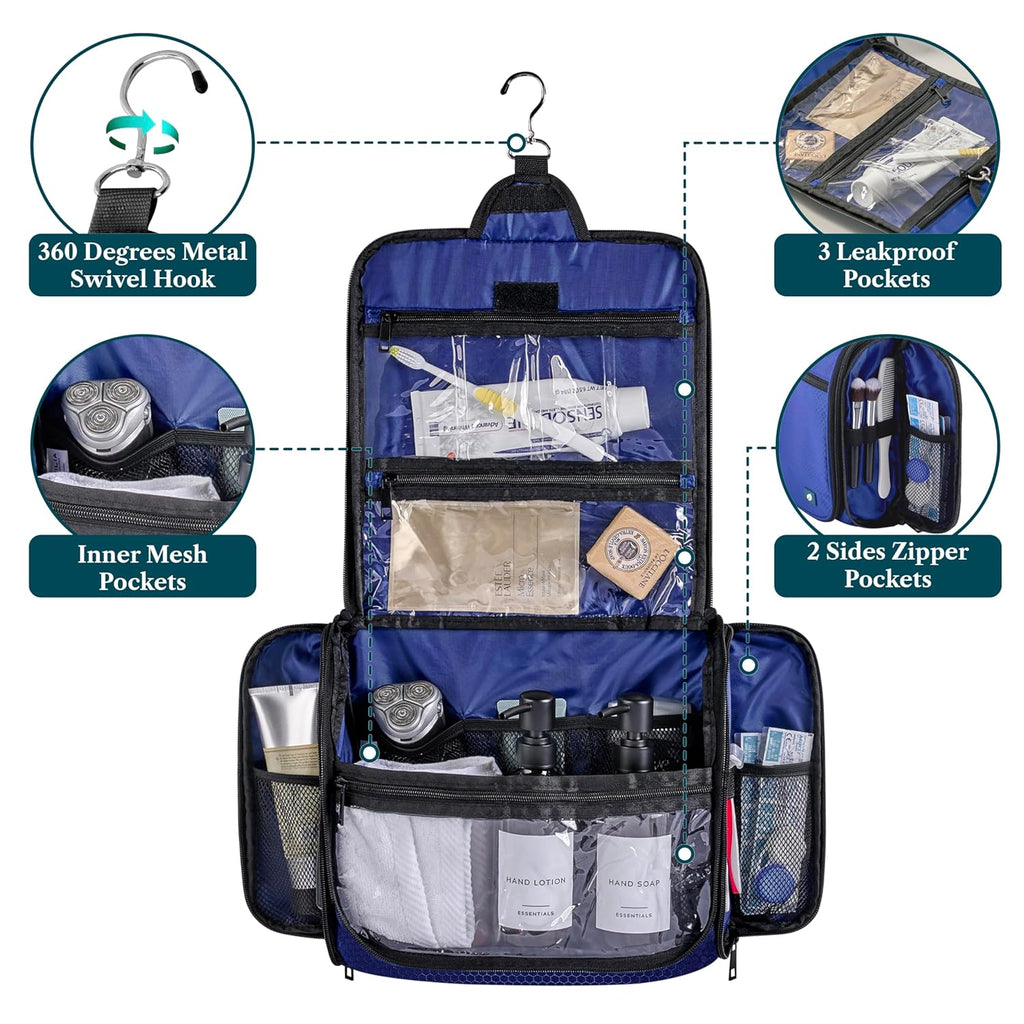 PAVILIA Large Hanging Toiletry Bag Travel Bag Women Men, Cosmetic Organizer, Water Resistant Makeup Bag Accessories Toiletries, Travel Essentials Kit, Royal Blue