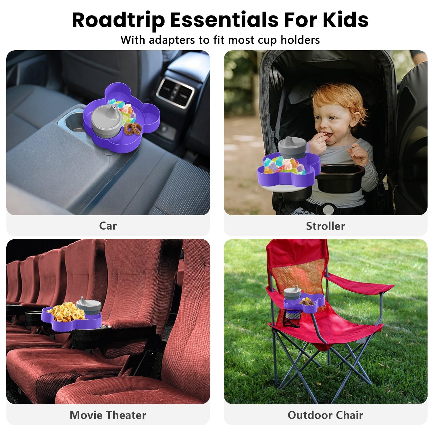 BlueOrigin Car Seat Snack Tray - Travel Tray for Kids Car Seat, Stroller, Booster and Anywhere with a Cup Holder, Toddler Road Trip Essentials Food Plate for Snacks, Toys, Entertainment (Purple)