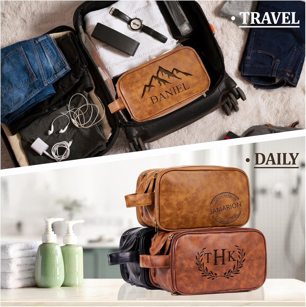 Personalized Leather Toiletry Bag for Men - Double Layer Reinforced Handle,Large Water Resistant Shaving Dopp Kit,Travel Essential,Wedding Groomsmen Gift