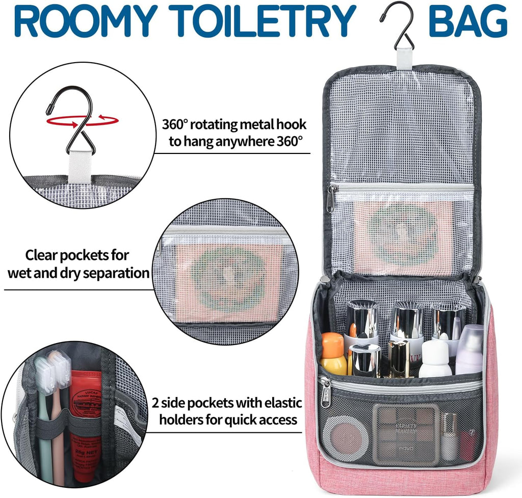Della Gao Hanging Travel Toiletry bag for Women, Water-resistant Durable Nylon Toiletries Organizer for Cosmetics, Makeup Brushes, Bathroom Bag, Pink