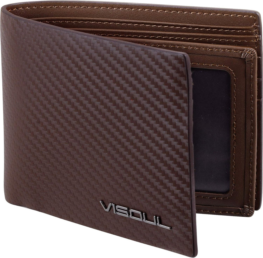 VISOUL Mens Carbon Fiber Leather Bifold Wallet with 2 ID Windows, RFID Blocking Stylish Wallet for Men with 2 Cash Compartments (Brown+Brown)