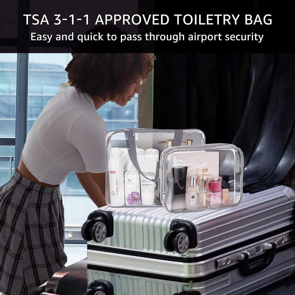 5Pcs Crystal Clear PVC Travel Toiletry Bag Kit for Women Men, Waterproof Vinyl Packing Organizer Storage Bags with Zipper Handle Straps, Cosmetic Pouch Carry on Airport Airline Compliant Bag Handbag