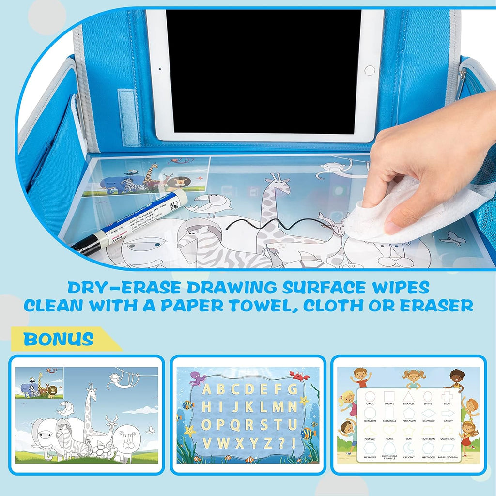 MENZOKE Kids Travel Tray, Car Seat Tray for Kids Travel, Toddler Essentials Girls with Tablet Holder, Road Trip Essentials with Cooler Cup Holder, Dry Erase Board & Storage Pocket for Airplane, Blue