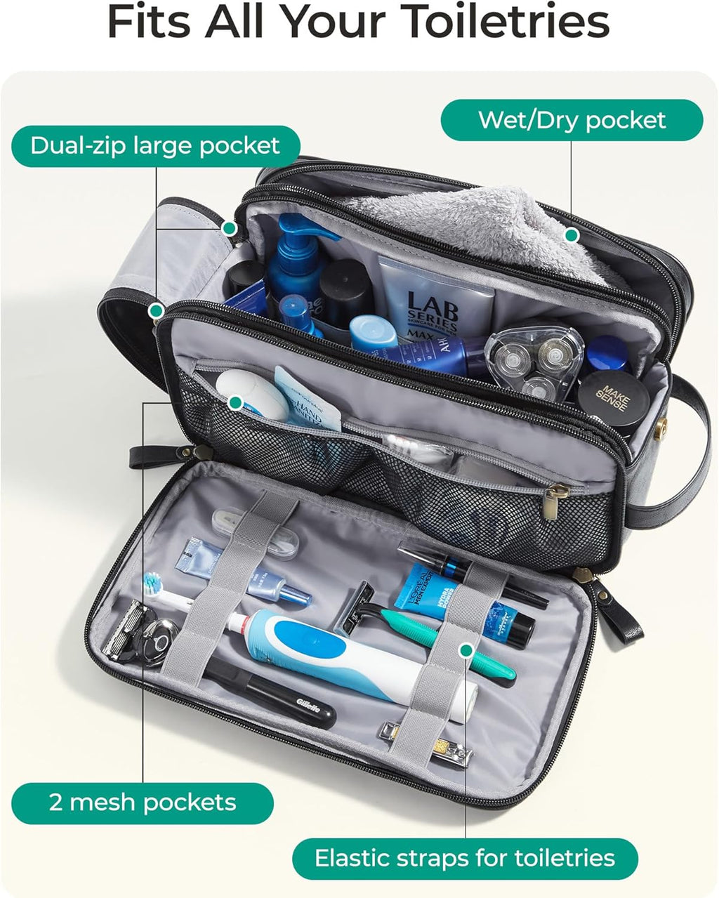 BAGSMART Toiletry Bag for Men, PU Leather Travel Bag for Toiletries, Dopp Kit Water Resistant Shaving Bag for Bathroom Shower-Black