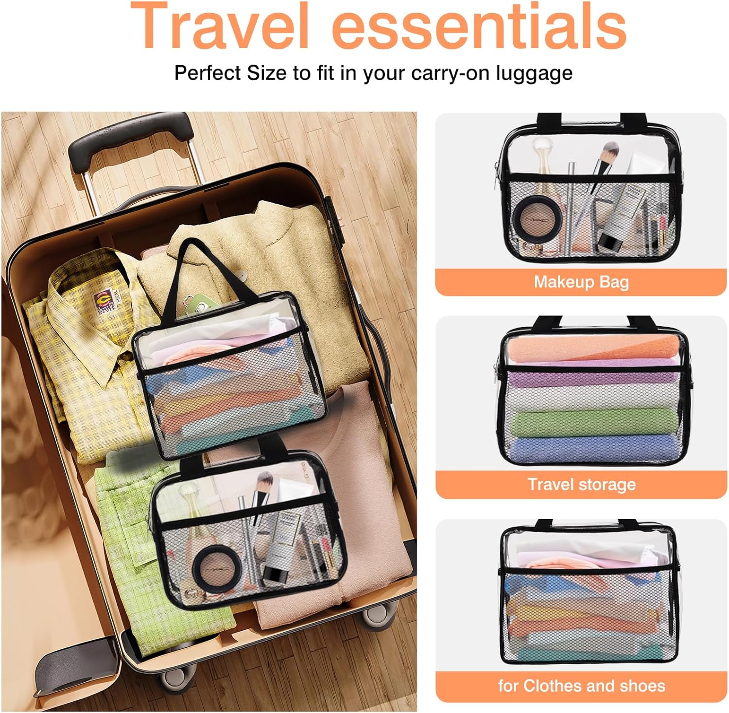 XEWEA 2PCS Middle TSA Approved Clear Travel Toiletry Bags for Men Women, Transparent Makeup Cosmetic Bag with Handle Zipper, Waterproof PVC Quart Organizer Pouch for Airport Airline Essential, Balck