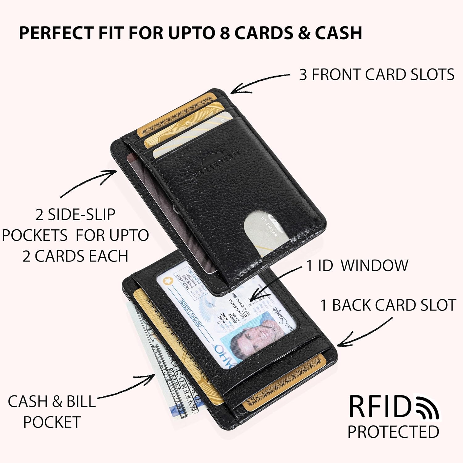 KARAKORAM Vertical Handcrafted Premium Leather Front Pocket Credit Card Holder with RIFD Protection | Artisan Made Slim Leather Wallet | Finger Glide Slots for Cards and ID (Jet Black)