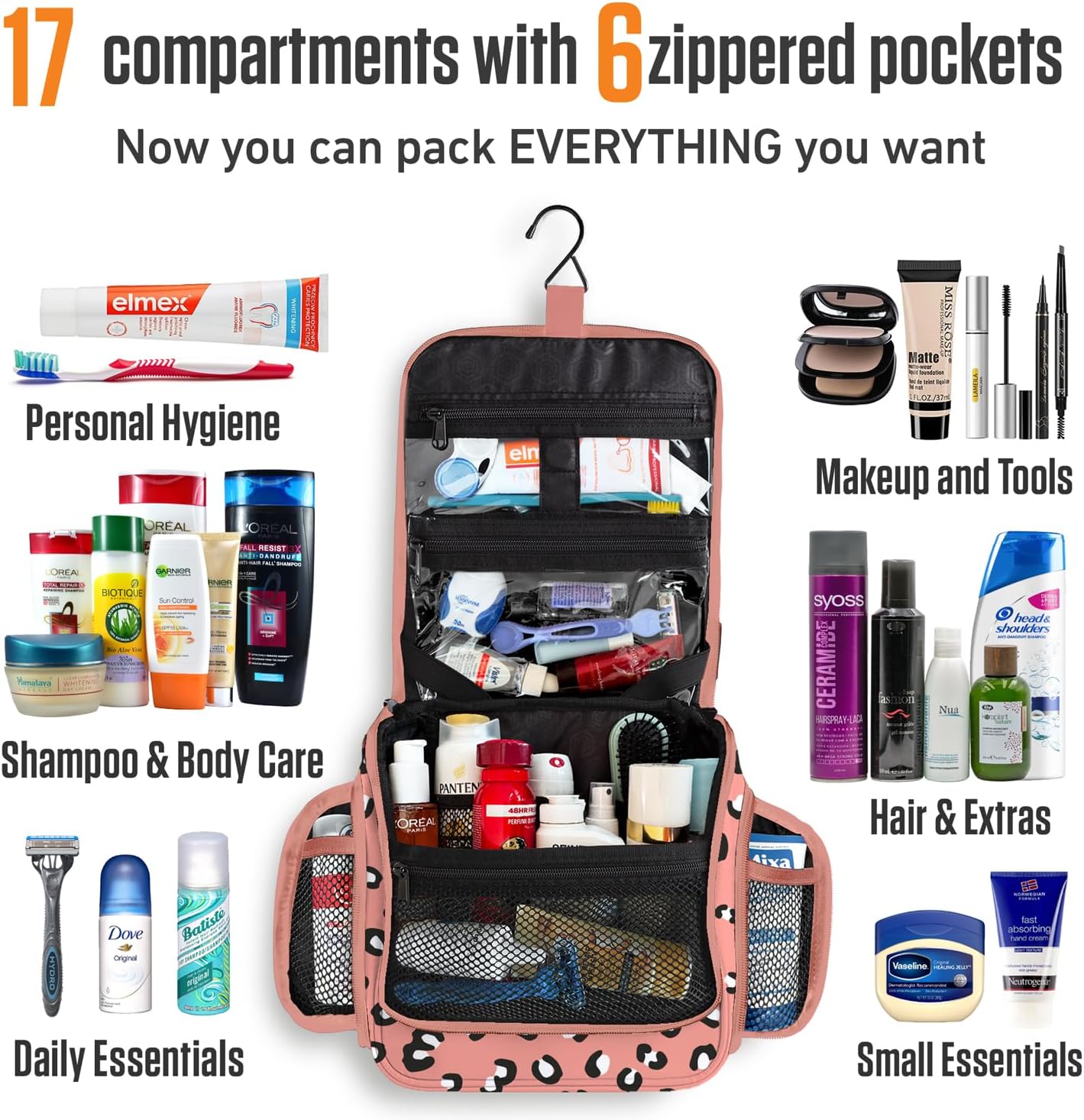 VENTURE 4TH Hanging Travel Toiletry Bag for Women & Men - Travel Organizer with Expandable Compartments & Removable Clear Pouch for Toiletries (Pink Cheetah)