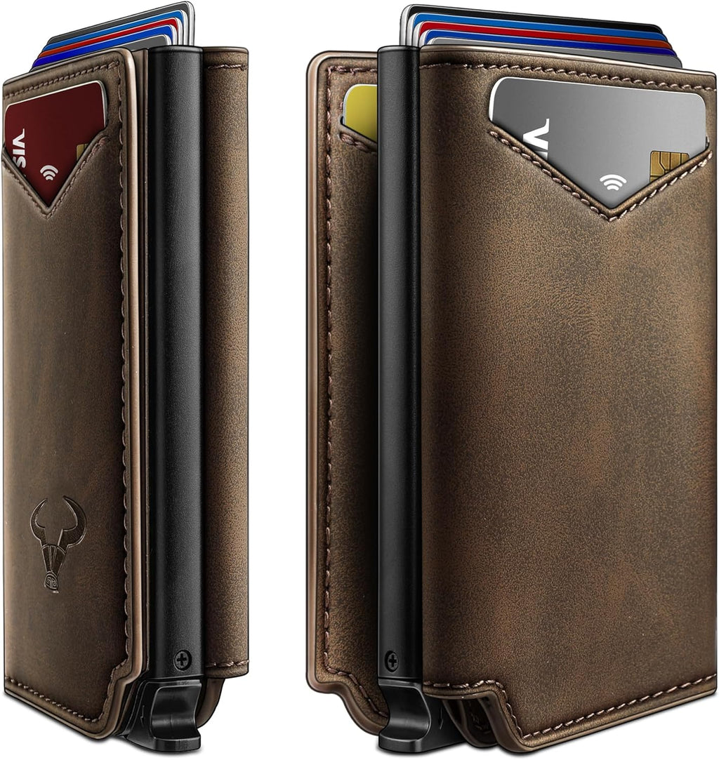 BULLIANT Men Wallet Leather Wallet Card Holders Money Clip for Men 10Cards-Magnetic Flip on Metal Case