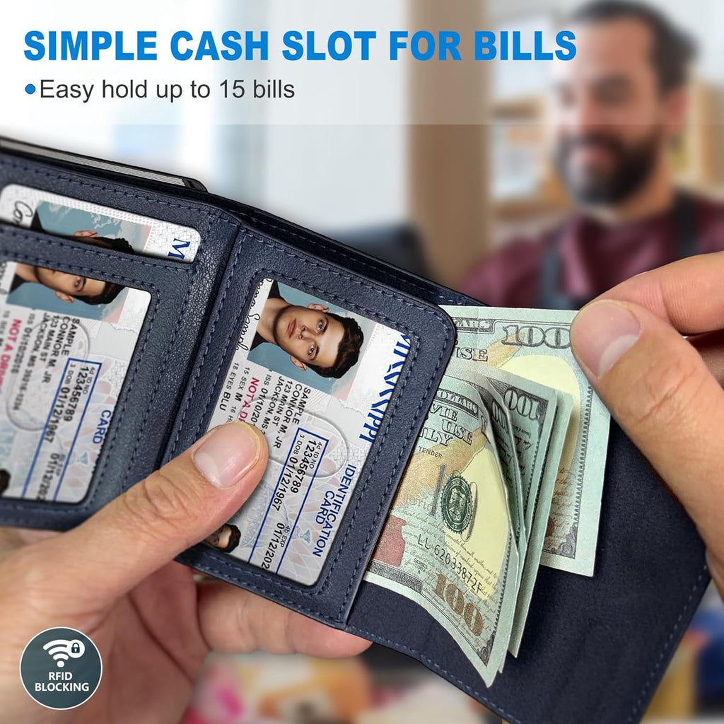 Wallet for Men,with Cash Pocket 2 ID Window 9-13 Cards,Metal Case Smart Slim Pop Up Credit Card Holder Flip with Magnetic Closure RFID Blocking Trifold wallet with Gift Box