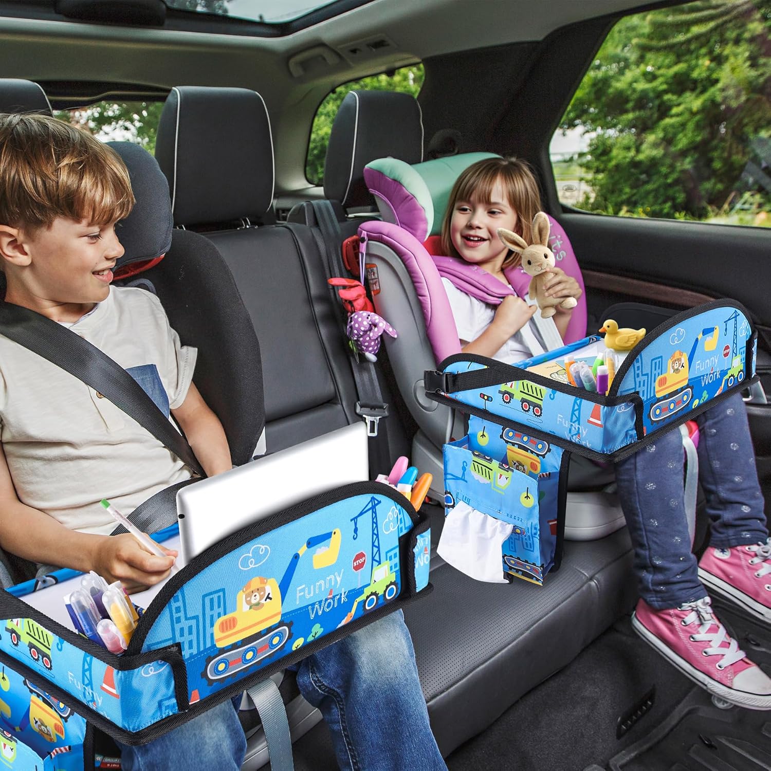 Kids Travel Tray, Kids Travel Trays for Car Seat, Road Trip Essentials for Toddler, Carseat Lap Tray with Dry Erase Board & Storage Organizer for Road Trip Activities for Kid, Light Blue