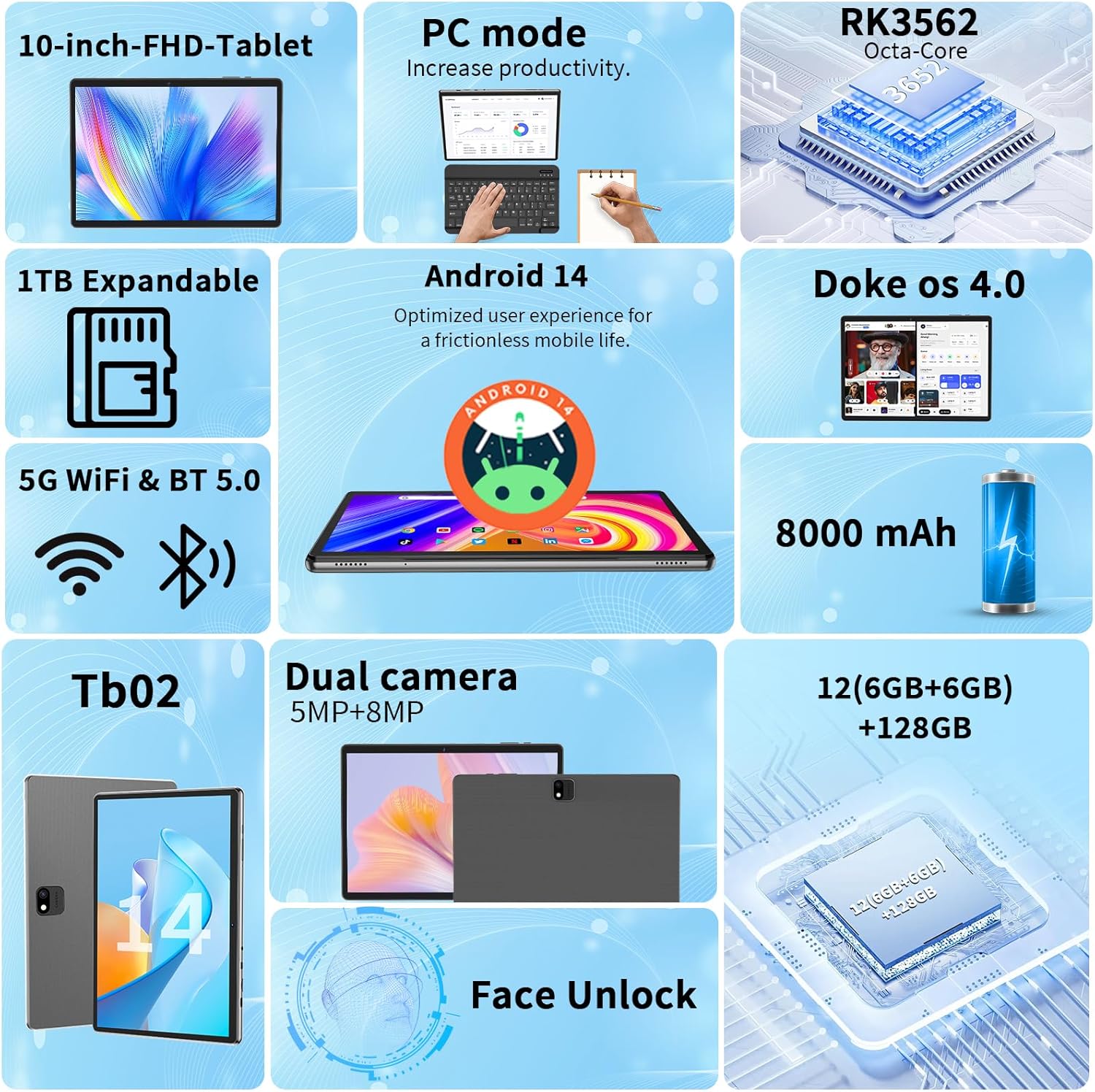 Android 14 Tablet with Keyboard, 12GB RAM (6+6), 128GB Storage, 1TB Expandable, 8000mAh Battery, 10 Inch 2-in-1 Tablets, Includes Case, Mouse & Stylus（Black）