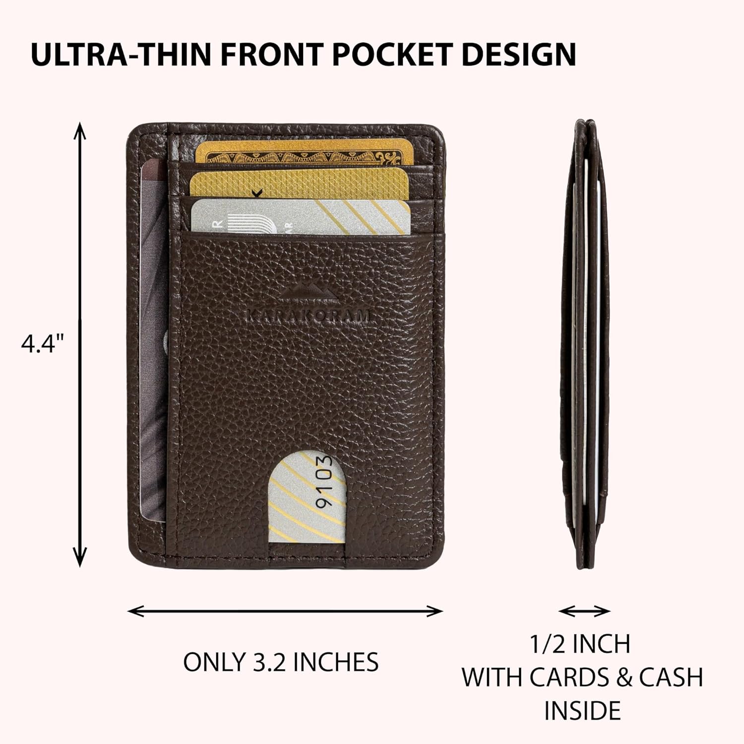 KARAKORAM Vertical Handcrafted Premium Leather Front Pocket Credit Card Holder with RIFD Protection | Artisan Made Slim Leather Wallet | Finger Glide Slots for Cards and ID (Wildwood Espresso)