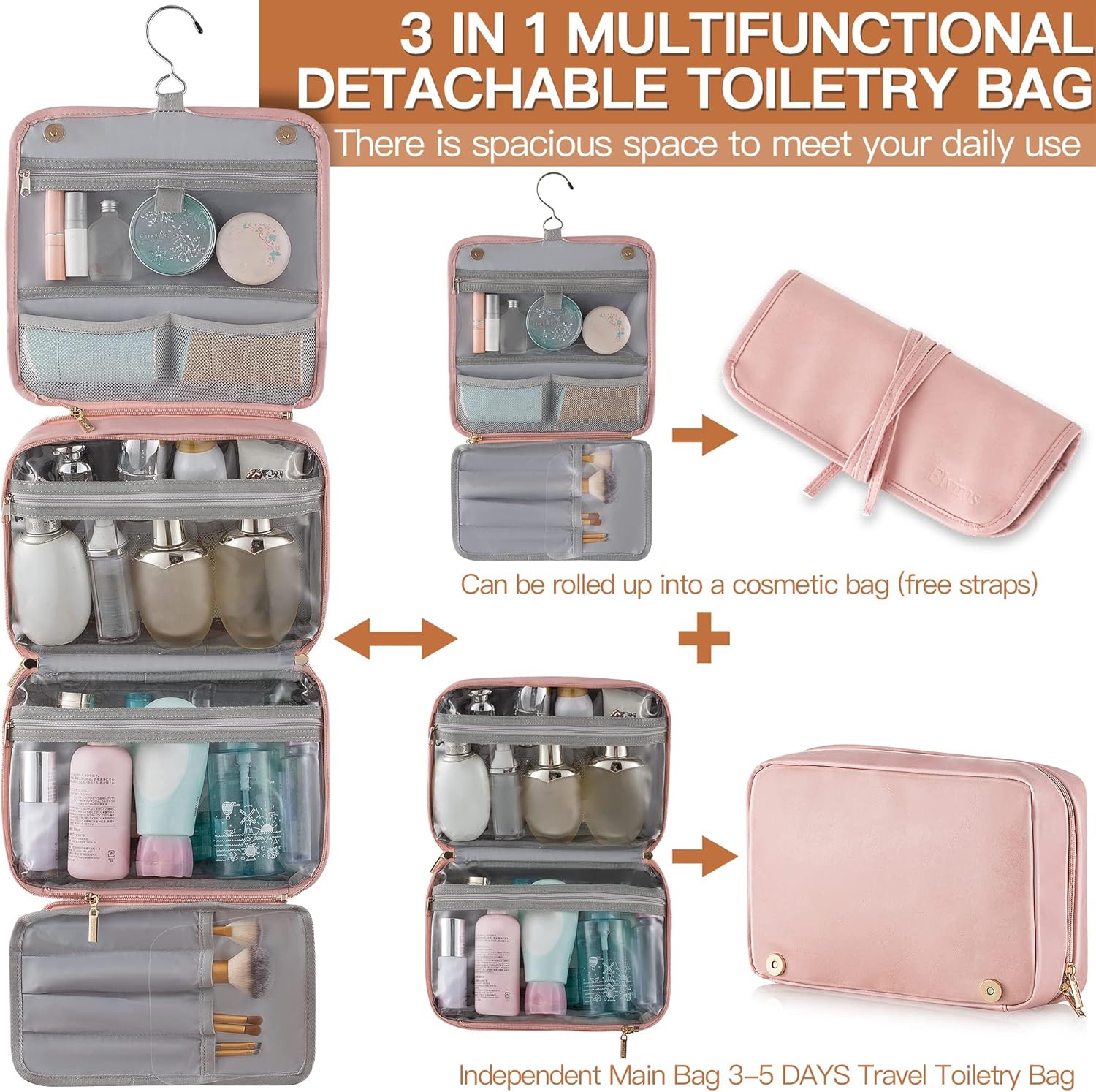 Elviros Hanging Travel Toiletry Bag for Women, 3-in-1 Large Makeup Bag and Cosmetic Organizer, Vegan Leather Waterproof Skincare Case for Travel Size Toiletries and Accessories