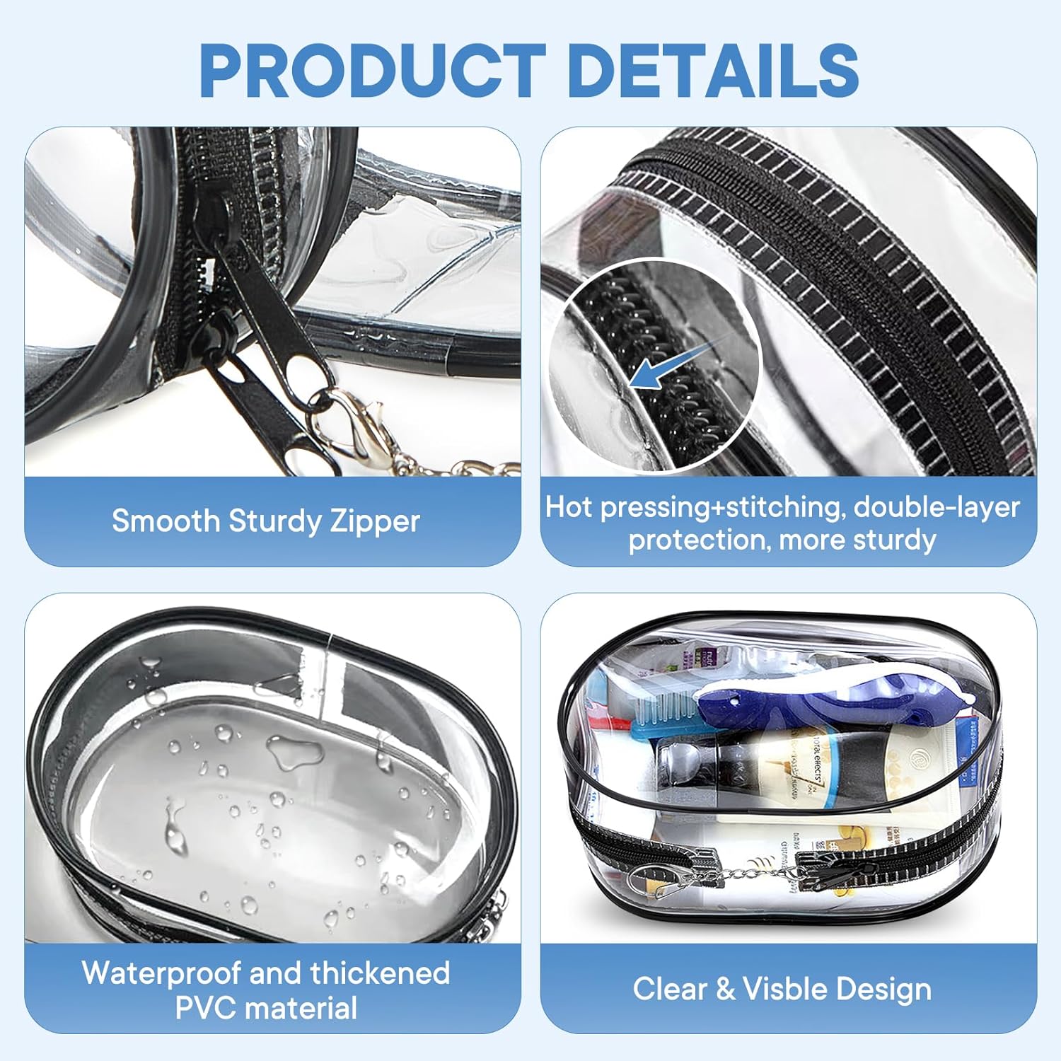 XEWEA Small Clear Toiletry Makeup Bag Portable Waterproof, 3PCS TSA Approved Cosmetic Case with Zipper, Electronics Organizer Cable Charger Pouch, Travel Essentials, Accessories Bag Purse