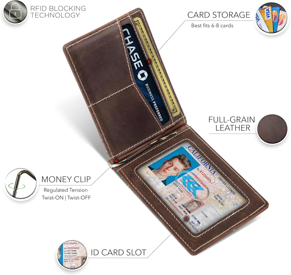 SERMAN BRANDS RFID Blocking Wallet Slim Bifold - Genuine Leather Minimalist Front Pocket Wallets for Men with Money Clip Gift