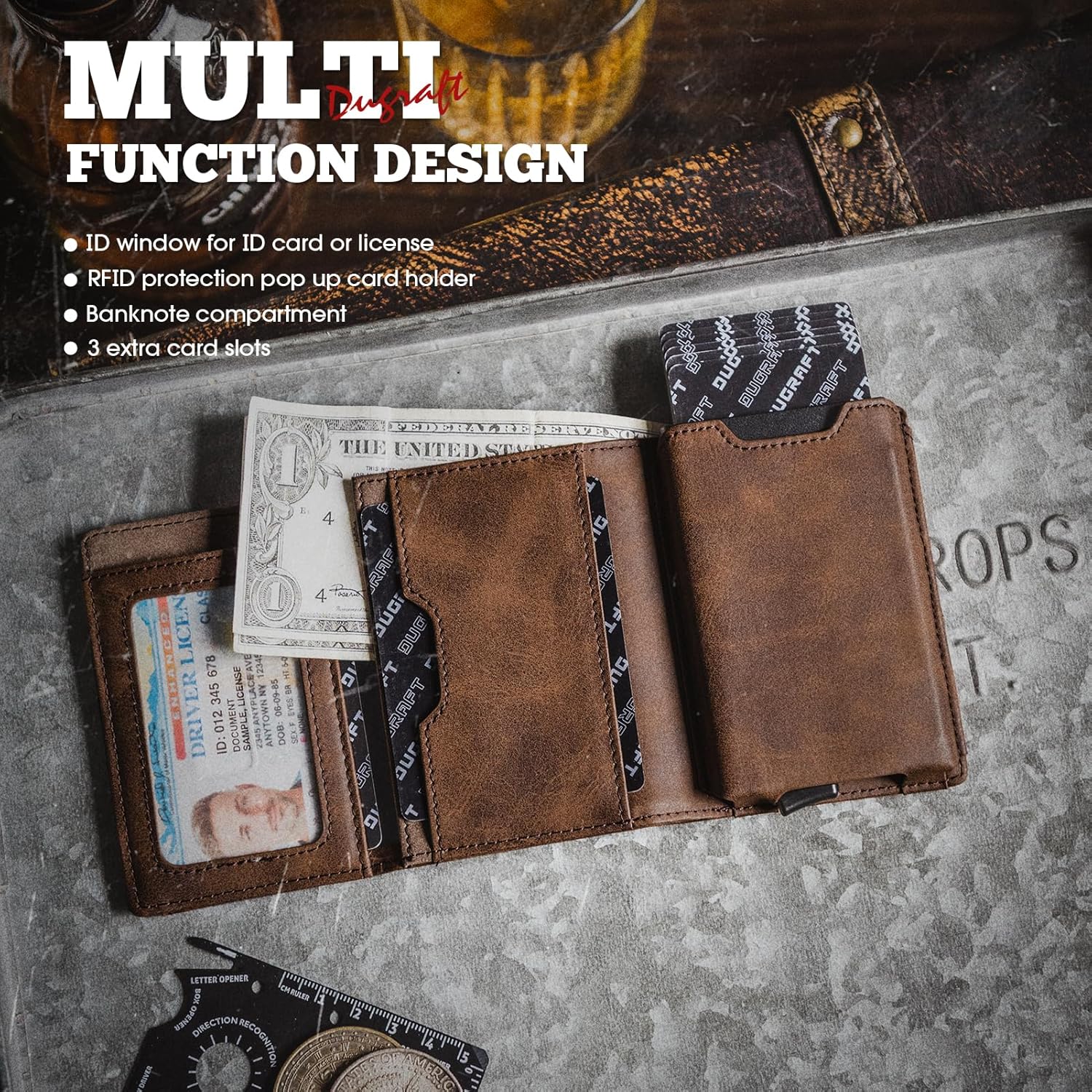 DUGRAFT Mens Wallet for Max.11 Cards with Pop Up Credit Card Ejector Case RFID Blocking, Bills/Cash Compartment and ID Window, Giftbox Packed, Brown