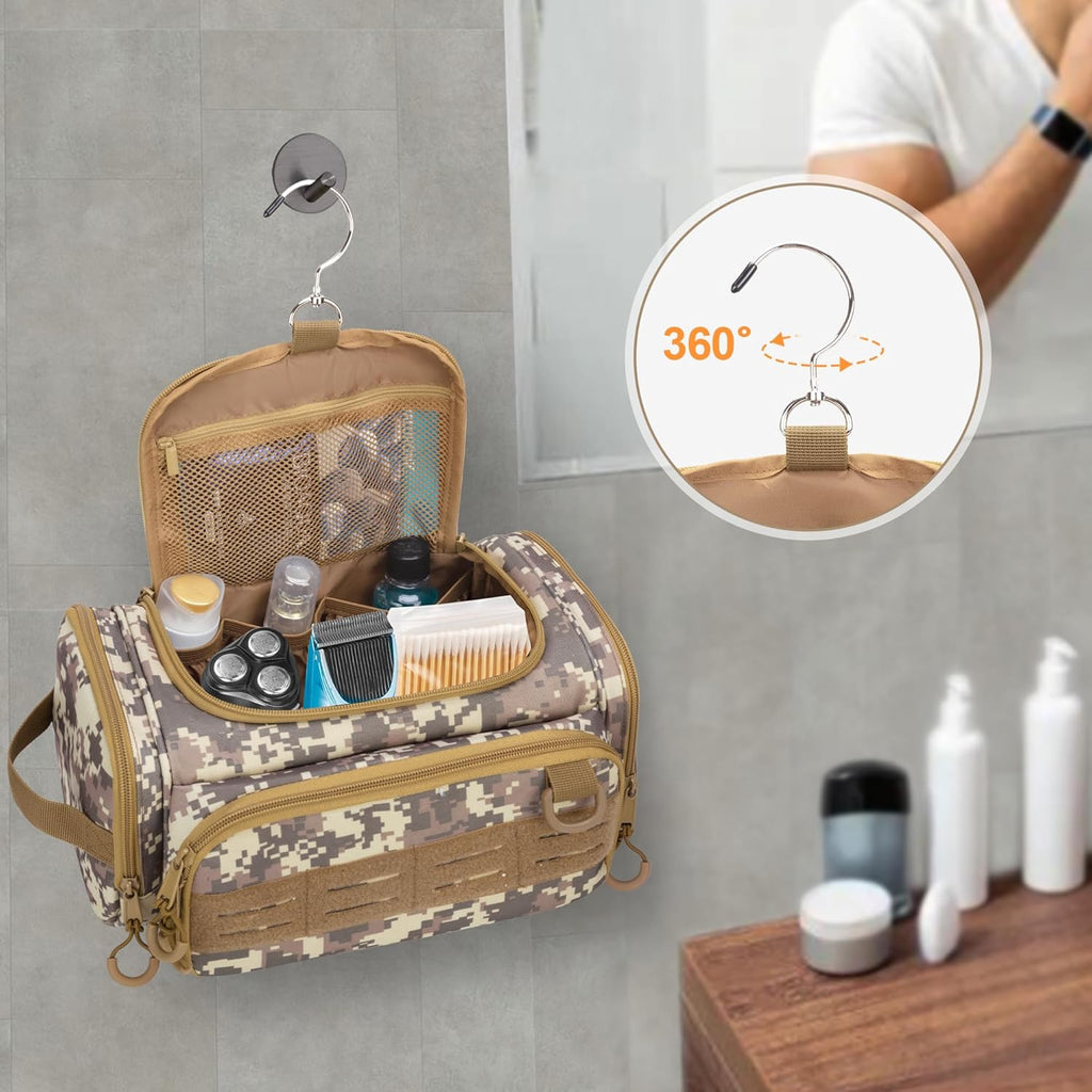 Tactical Toiletry Bag for Men, Hanging Hygiene Bag, Travel Dopp Kit Organizer for Shaving, Shower Essentials and Toiletries, Desert Yellow (Empty Bag)