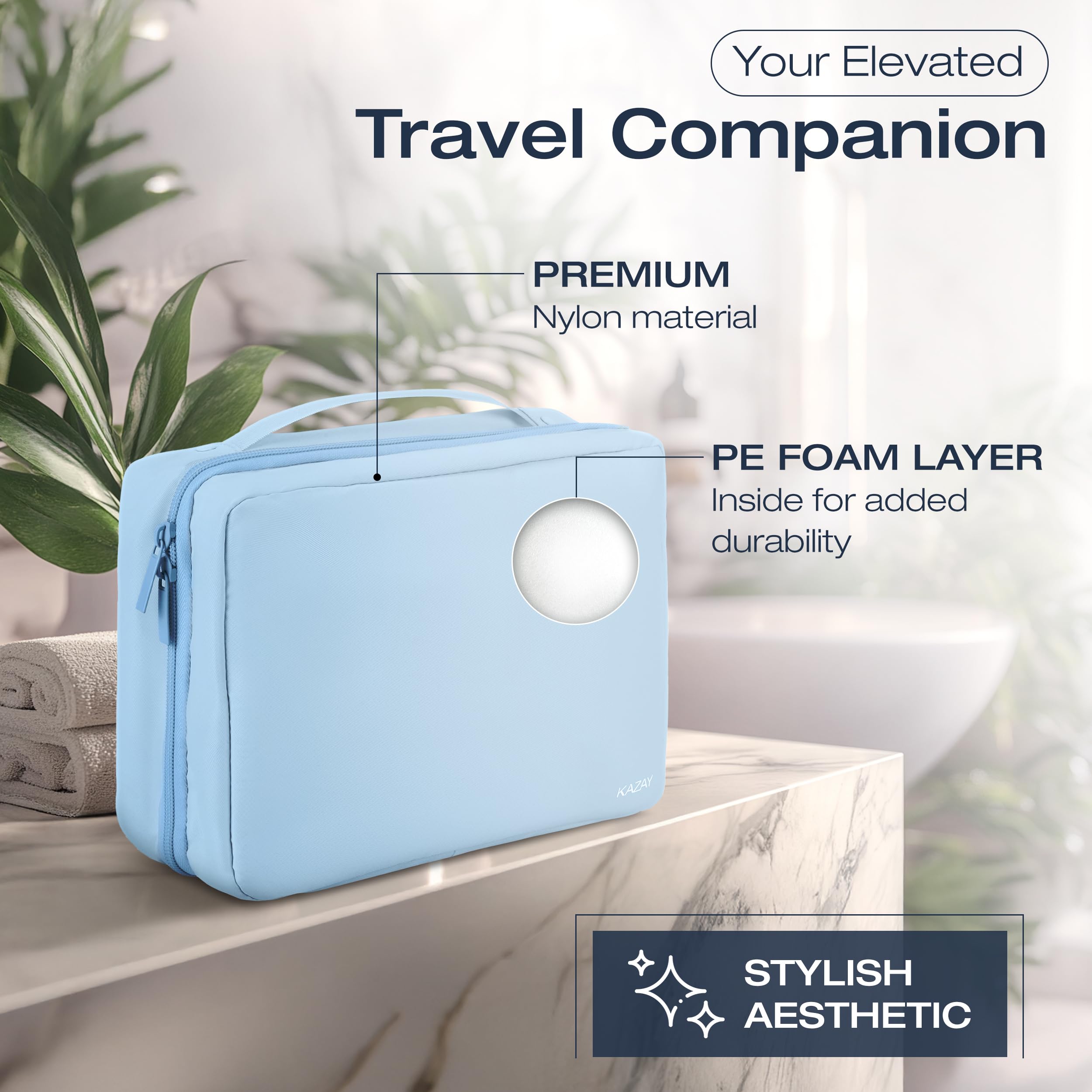 KAZAY Hanging Toiletry Bag with TSA Approved Detachable Pouch, Travel Toiletry Bag, Water Resistant, Premium Nylon, Travel Size Toiletries, Cosmetic Bag, Unisex (Light Blue)