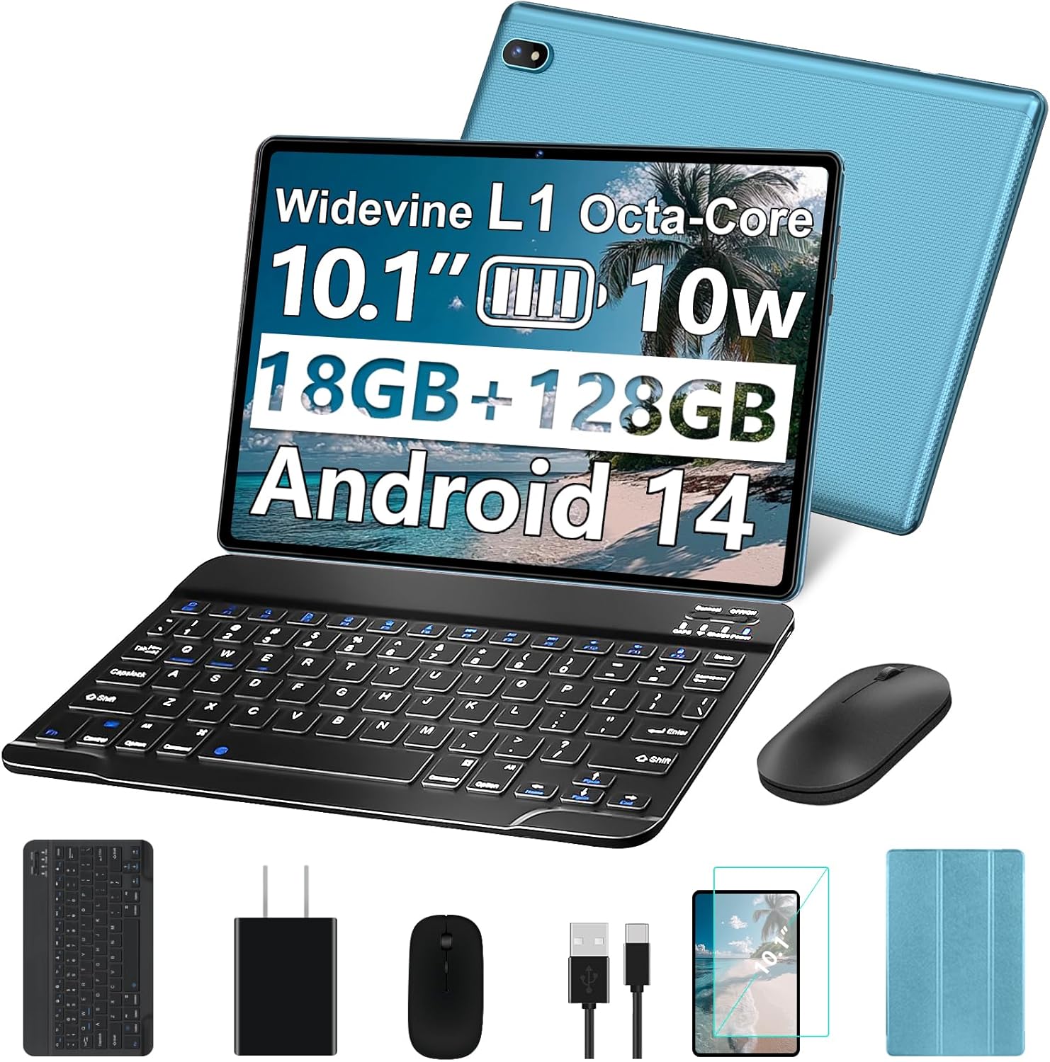 2025 Android Tablet 10.1 Inch Android 14 Tablets with 128GB ROM+18GB RAM (4+14 Virtual), 1TB Expand 2 in 1 10.1 Tablet with Keyboard, Powerful Octa-Core, WiFi 6, Blue