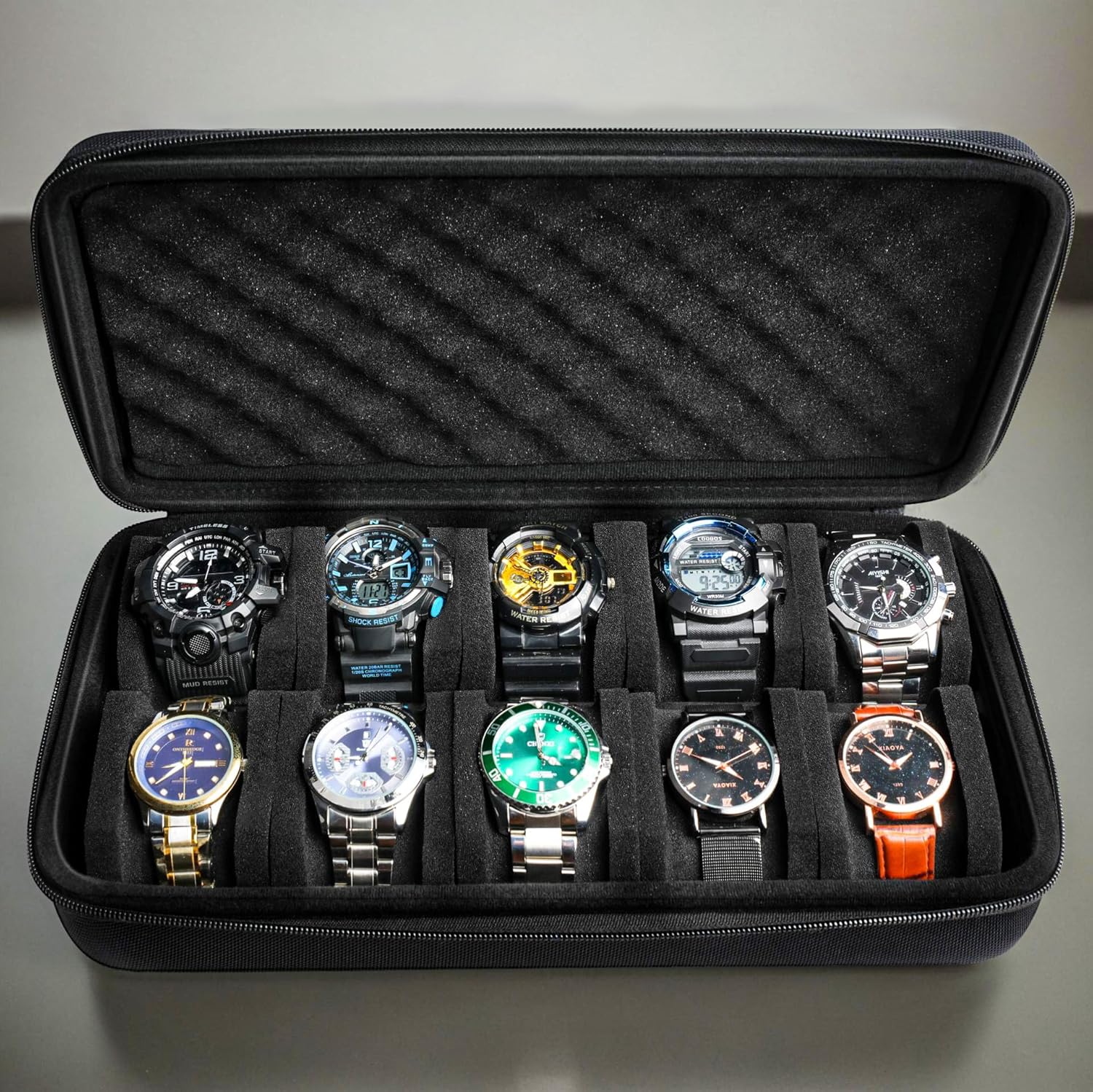 10 slots watch travel case, Hard Portable watch carry storage organizer box, fit watches up to 55mm face