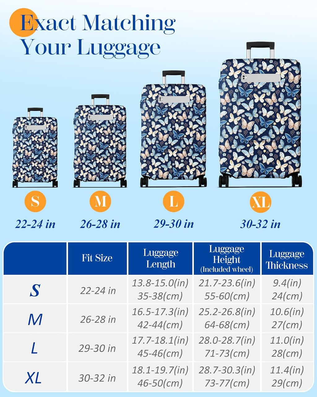 Slohif Luggage Cover for Suitcase Tsa Approved Protector - Luggage Sleeve Large Suit Case Cover Travel Stretch Baggage Case Protective Washable Fit 18-20 Inch Blue Butterfly XS