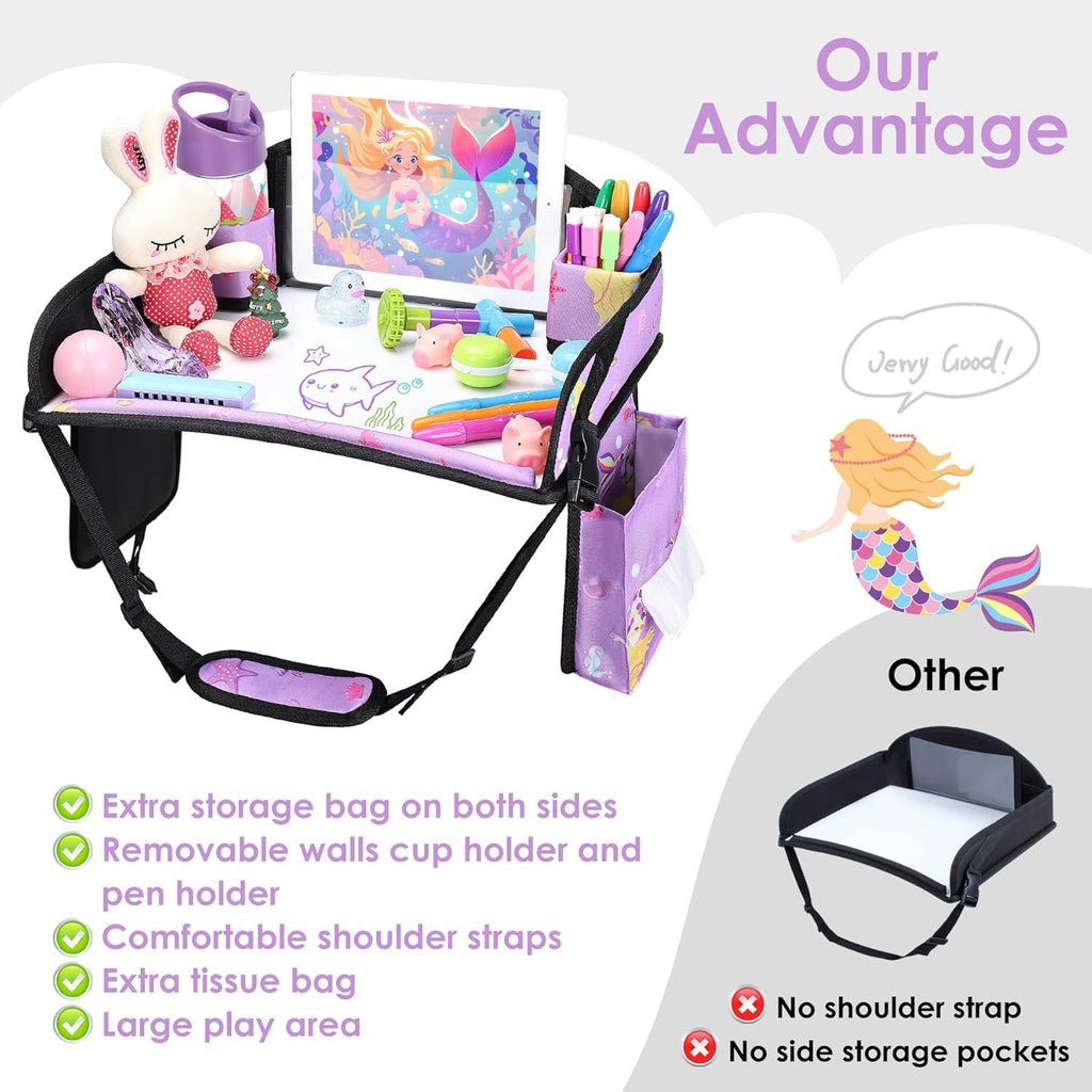Kids Travel Tray for Car-Car Seat Tray for Kids Travel, Carseat Table Top for Toddler Road Trip Essentials With Drawing Kit, Kids Lap Desk Organizer for Car, Airplane (Purple Mermaid)