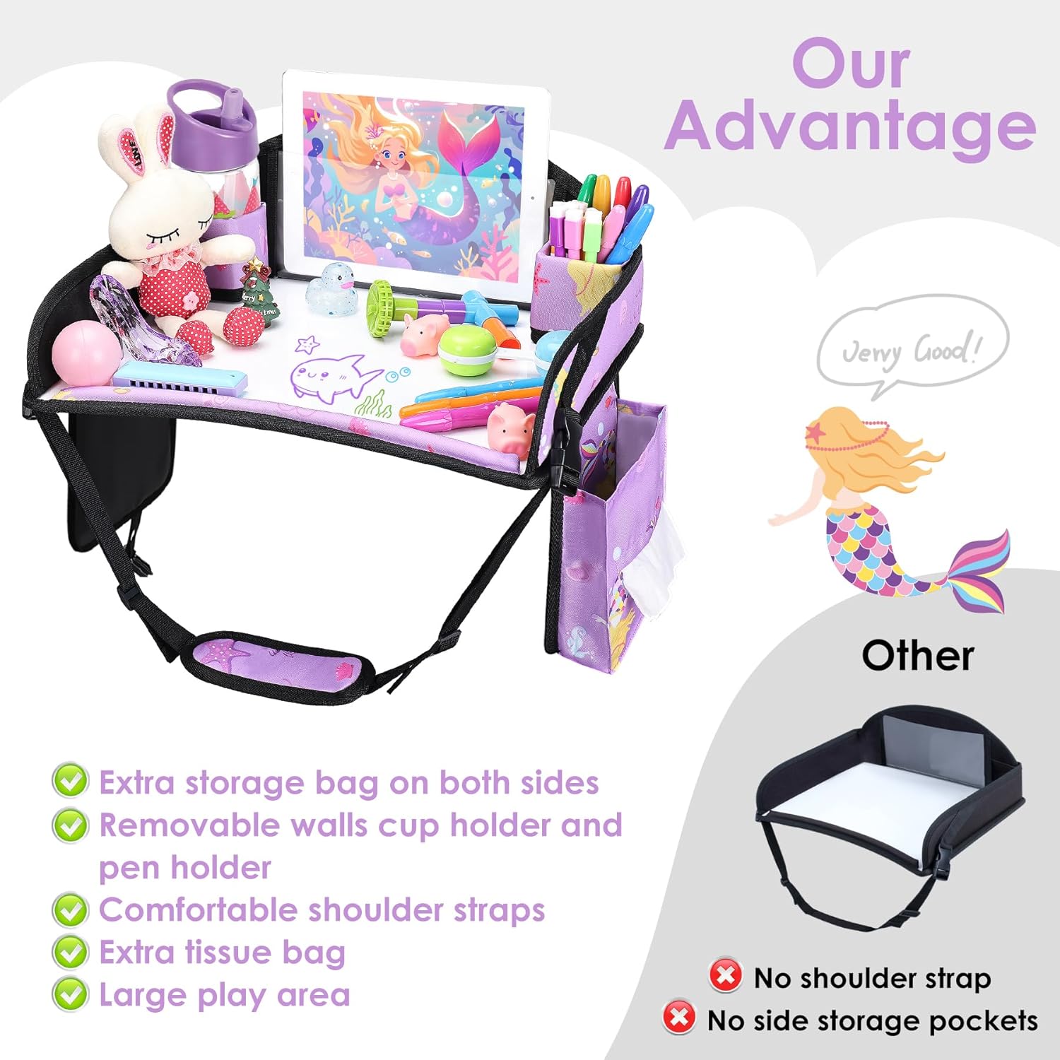 Kids Travel Tray for Car-Car Seat Tray for Kids Travel, Carseat Table Top for Toddler Road Trip Essentials With Drawing Kit, Kids Lap Desk Organizer for Car, Airplane (Purple Mermaid)
