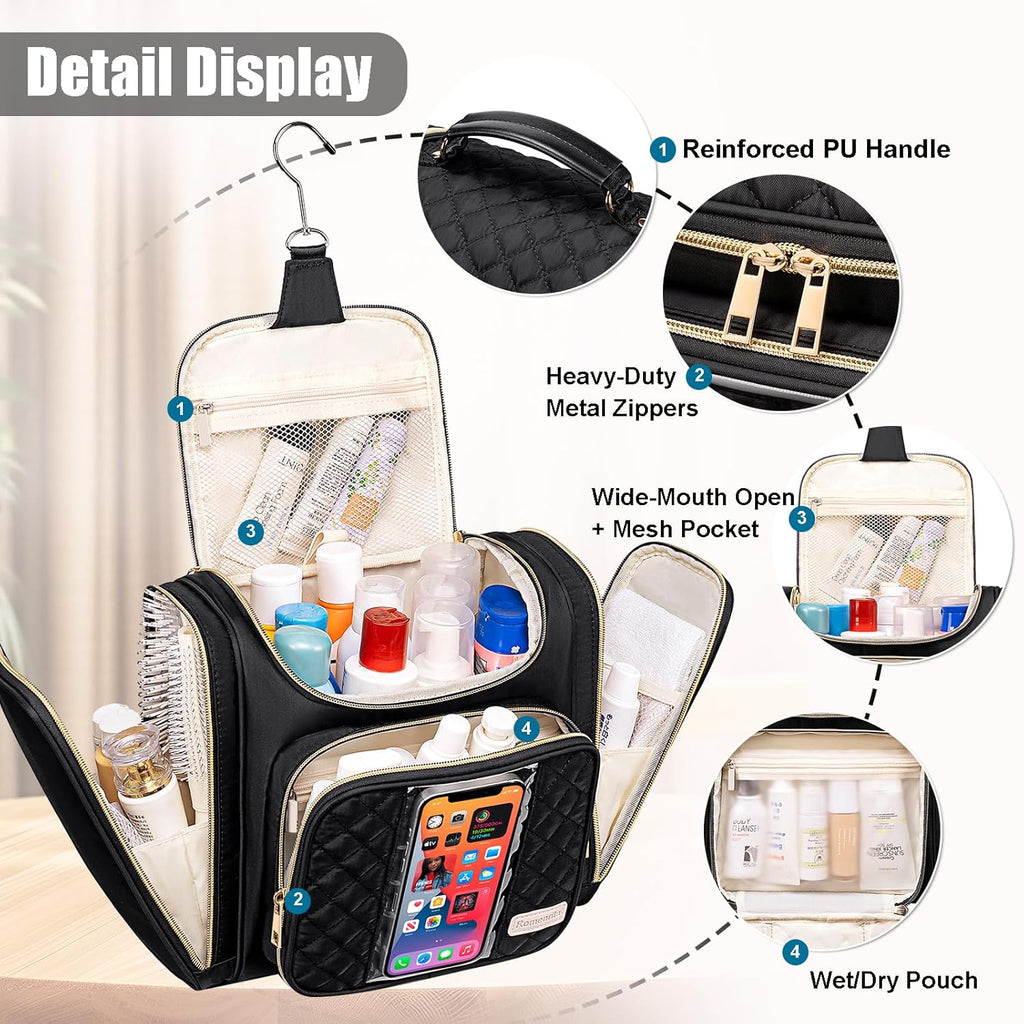 Travel Toiletry Bag for Women, Hanging Toiletry Bag, Bathroom Bag Portable Shower Caddy for College Dorm Travel Shower Bag for Women Water-Resistant Cosmetic Makeup Bag (Black)