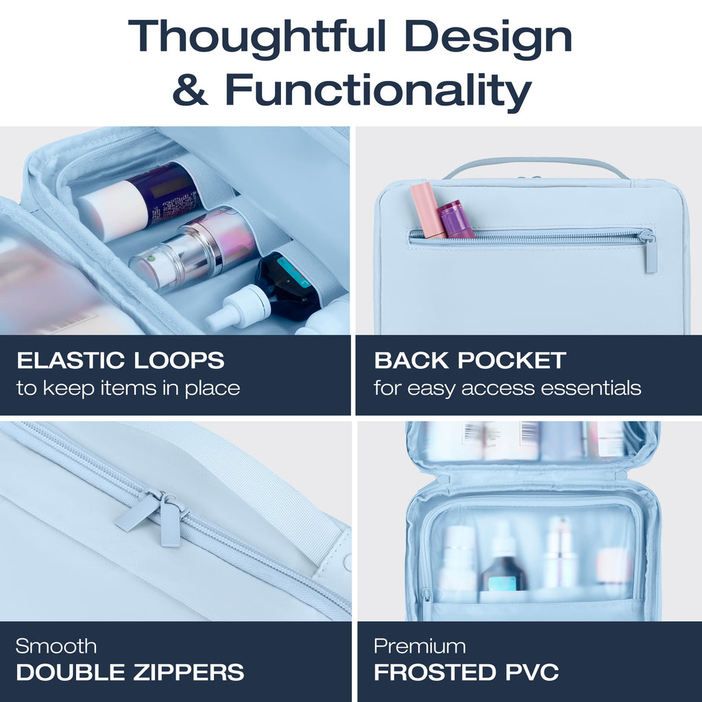 KAZAY Hanging Toiletry Bag with TSA Approved Detachable Pouch, Travel Toiletry Bag, Water Resistant, Premium Nylon, Travel Size Toiletries, Cosmetic Bag, Unisex (Light Blue)