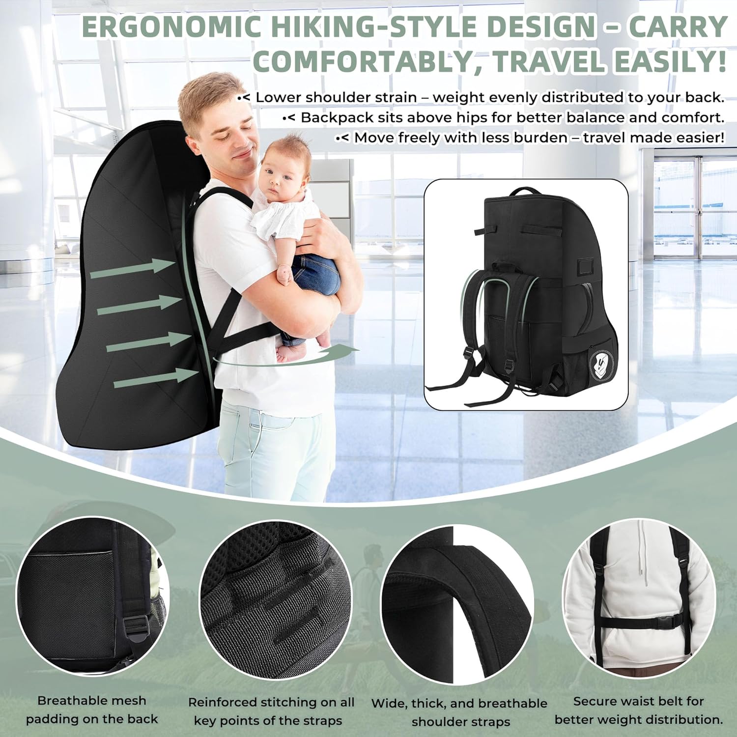 Padded Car Seat Travel Bag for Airplane – Waterproof Heavy Duty Carseat Backpack for Airport – Fits Infant, Convertible & Booster Seats – Airline Approved Travel Car Seat Cover