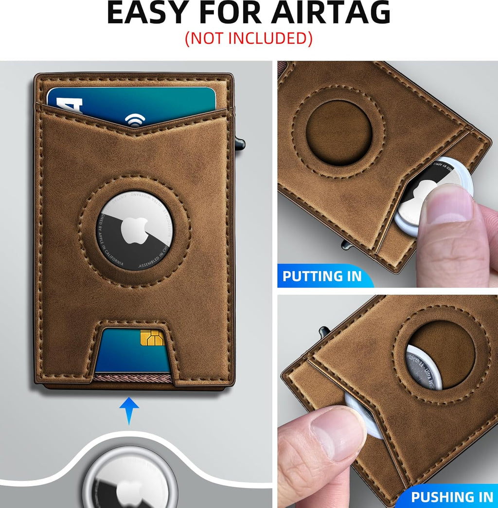 Airtag Wallet for Men,with Money Clip Gift Boxed,Slim Front Pocket Wallet RFID Blocking Metal Case Smart Pop-up Credit Card Holder in Magnetic Leather Flip