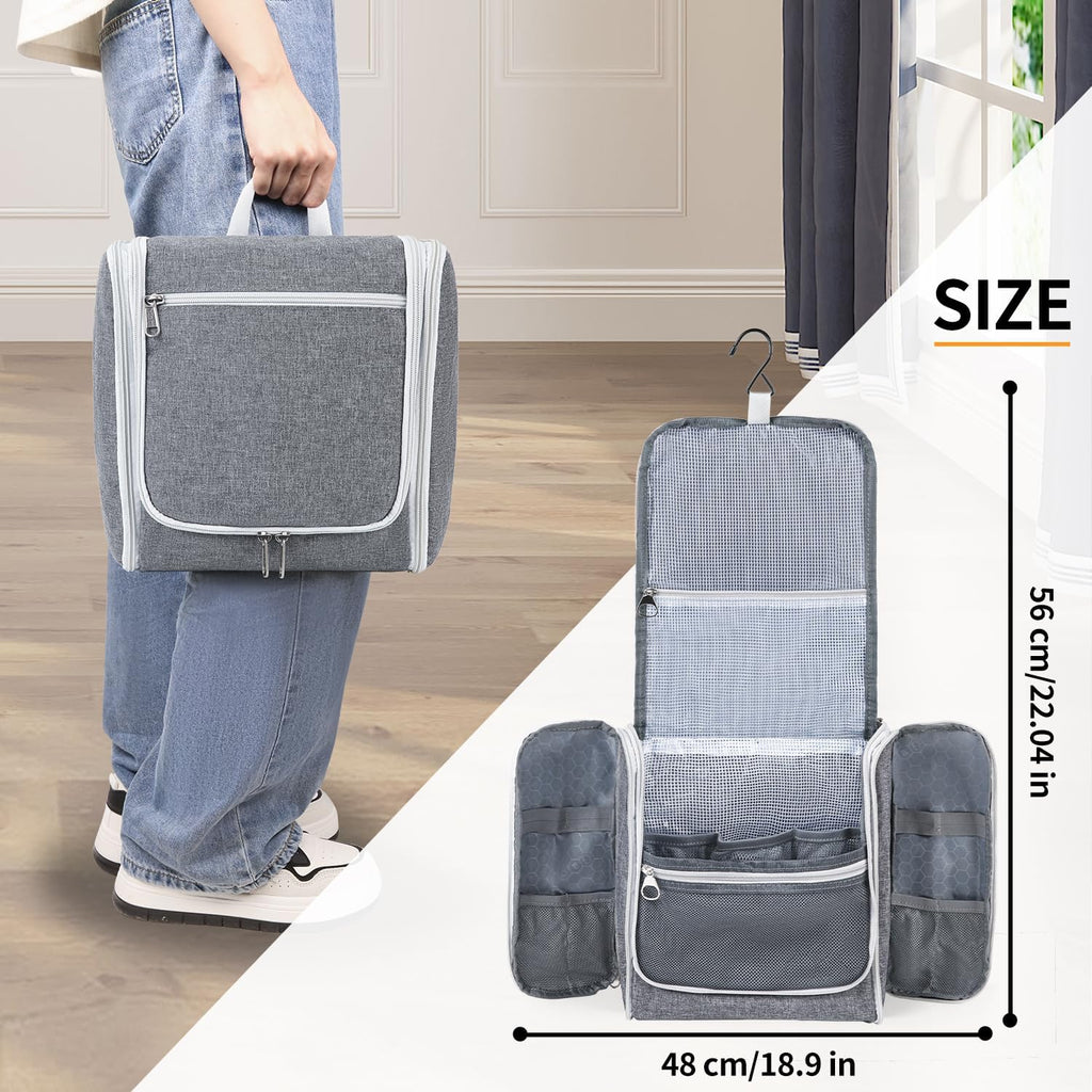 Della Gao Travel Hanging Toiletry Bag for Men and Women, Large Capacity Cosmetics Bag Makeup Bag Organizer, Bathroom Bag, Water-Resistant Nylon, Grey