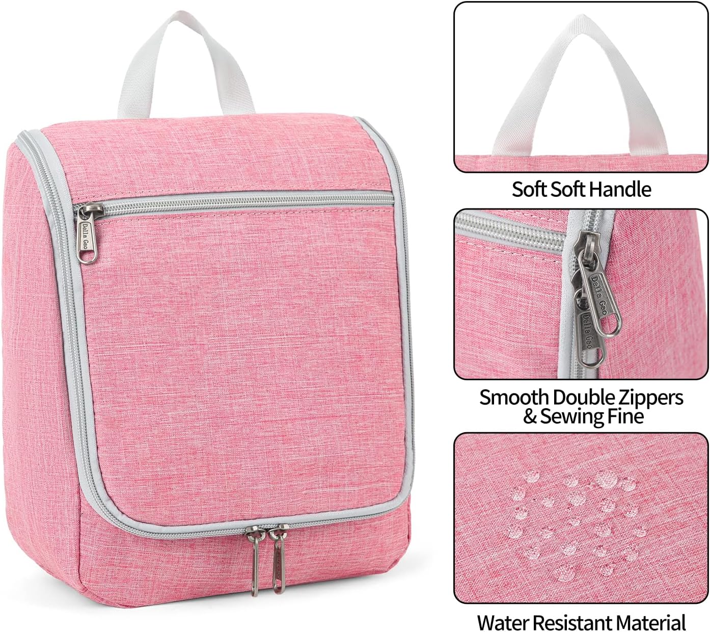 Della Gao Hanging Travel Toiletry bag for Women, Water-resistant Durable Nylon Toiletries Organizer for Cosmetics, Makeup Brushes, Bathroom Bag, Pink