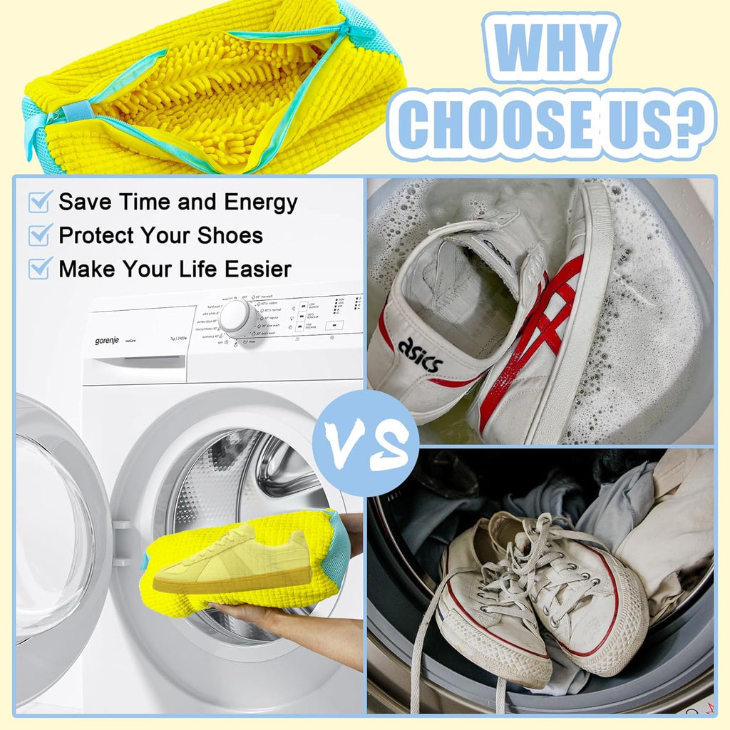 XXL Shoe Washing Machine Bag - 2-Pack Reusable Shoe Cleaning Bags, 360° Deep Clean for Tennis Shoes, Sneakers and Slippers, Includes 2 Storage Dust Bags (Yellow)