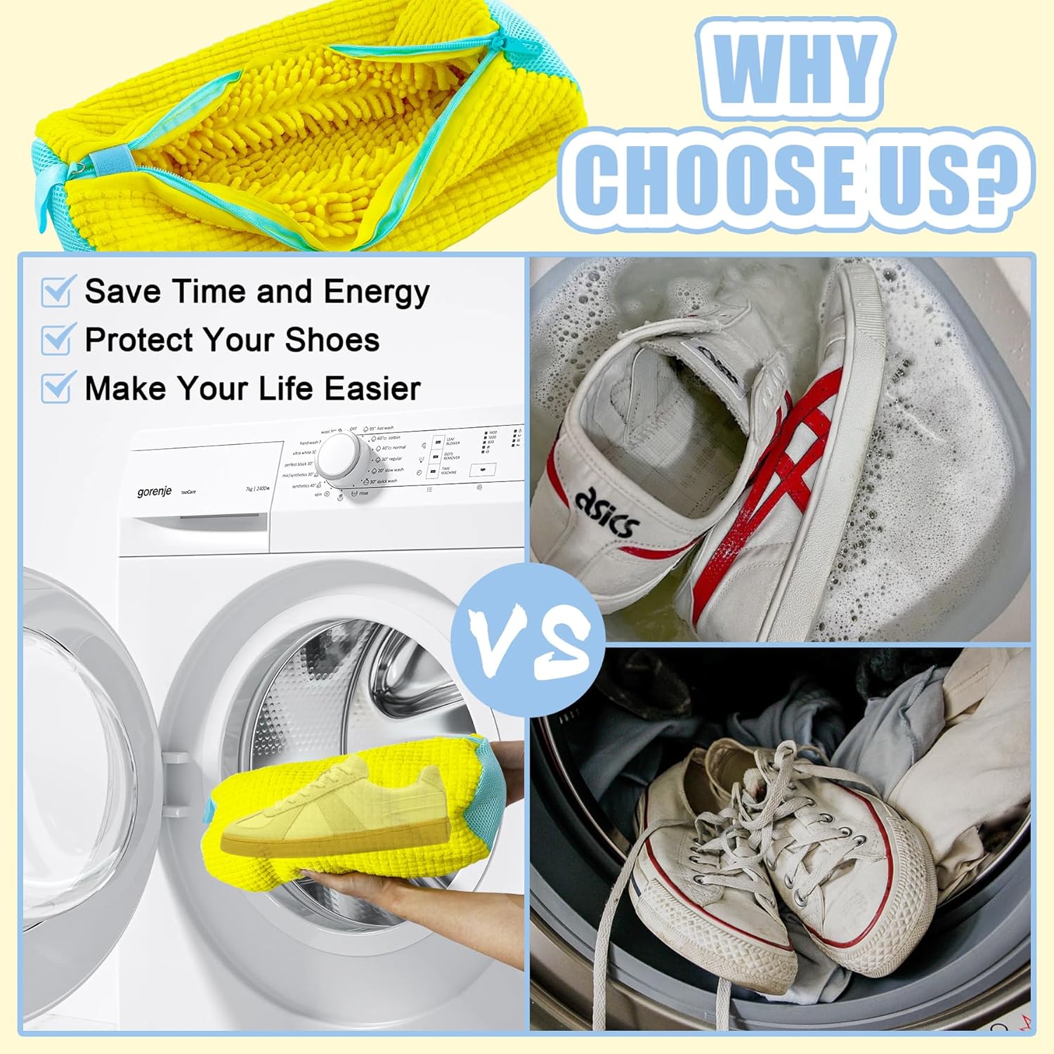 XXL Shoe Washing Machine Bag - 2-Pack Reusable Shoe Cleaning Bags, 360° Deep Clean for Tennis Shoes, Sneakers and Slippers, Includes 2 Storage Dust Bags (Yellow)