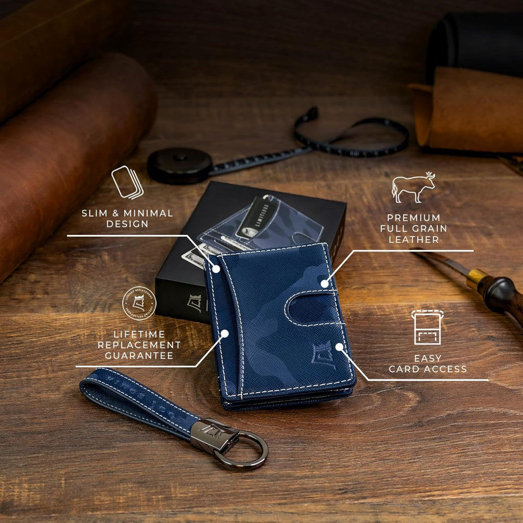 Kings Loot Money Clip Slim Minimalist Wallet for Men | RFID Blocking Leather Design with Money Clip | Front Pocket Bifold Holds 12 Cards | Stylish & Compact Wallets (Camo Blue)