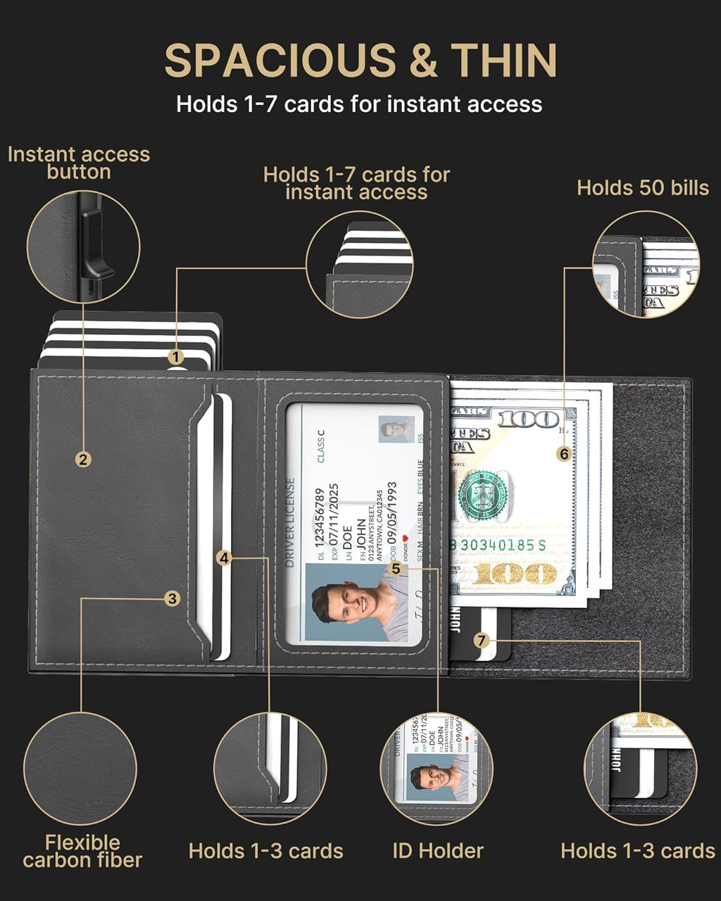 typecase Mens Wallet Card Holder: Pop Up Aluminum Case, Carbon Fiber Leather, Smart, RFID Blocking, Slim, Minimalist, Front Pocket - 9-14 Card Capacity | ID Window | Cash Slot(Grey)