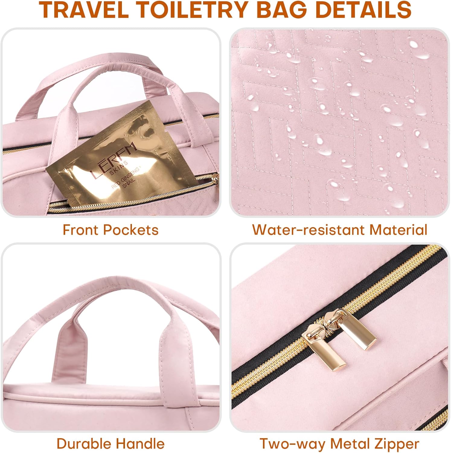 Hanging Toiletry Bag for Women Travel, 2 Sizes Large & Small Waterproof Cosmetic Organizer with 4 Compartments, Rotating Hook, Foldable Pink Travel Bag for Toiletries & Makeup - Large Pink