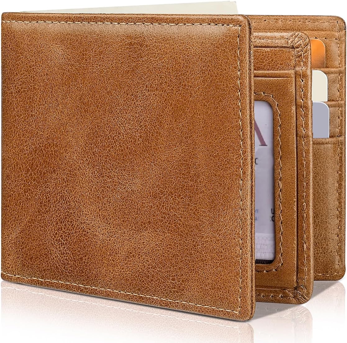 Mens Wallet Genuine Leather Bifold RFID Blocking Wallet for Men with 1 ID Window 13 Card Holders 2 cash pockets 1 Gift Box (Light Brown)
