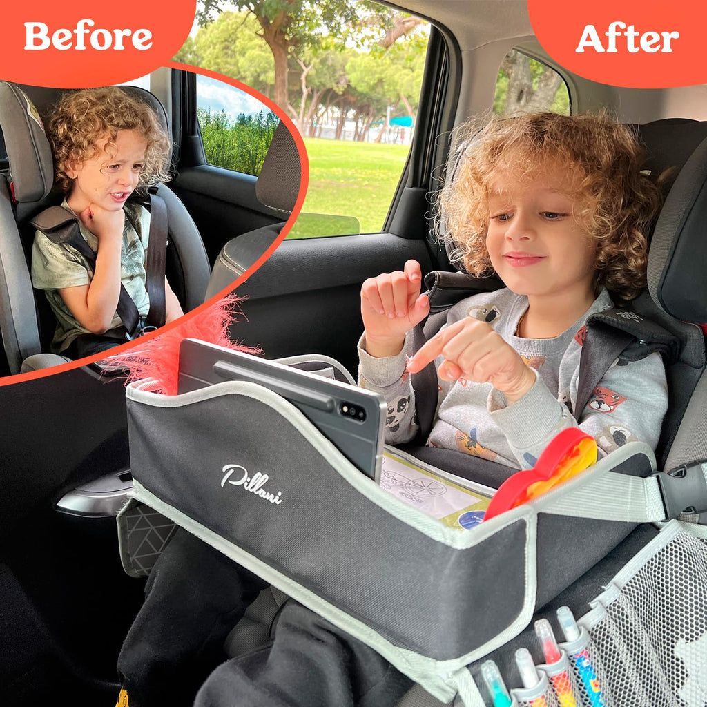 PILLANI Kids Travel Tray for Car - Car Seat Tray for Kids Travel, Road Trip Essentials - Carseat Table for Roadtrip Activities - Must Have Toddler Lap Desk Organizer for Airplane - Car Accessories