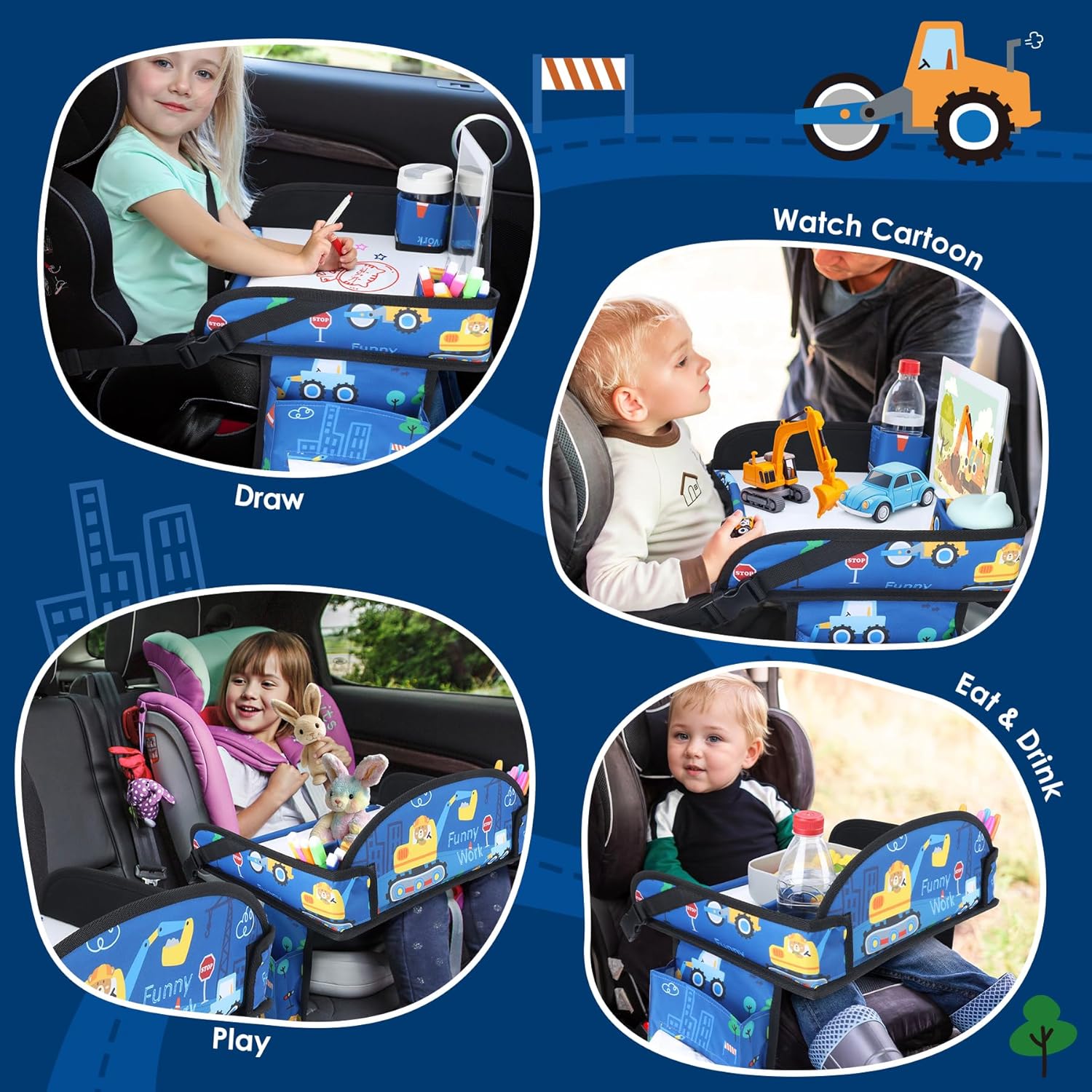 Kids Travel Tray for Car-Car Seat Tray for Kids Travel, Carseat Table Top for Toddler Road Trip Essentials With Drawing Kit, Kids Lap Desk Organizer for Car, Airplane (Dark Blue Car)