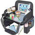 MENZOKE Kids Travel Tray, Travel Tray for Kids Car Seat with Educational Drawing Board, Tablet Holder & Cooler Cup Holder, Portable Road Trip Essentials Child's Gifts for Car Trip, Airplane, Black