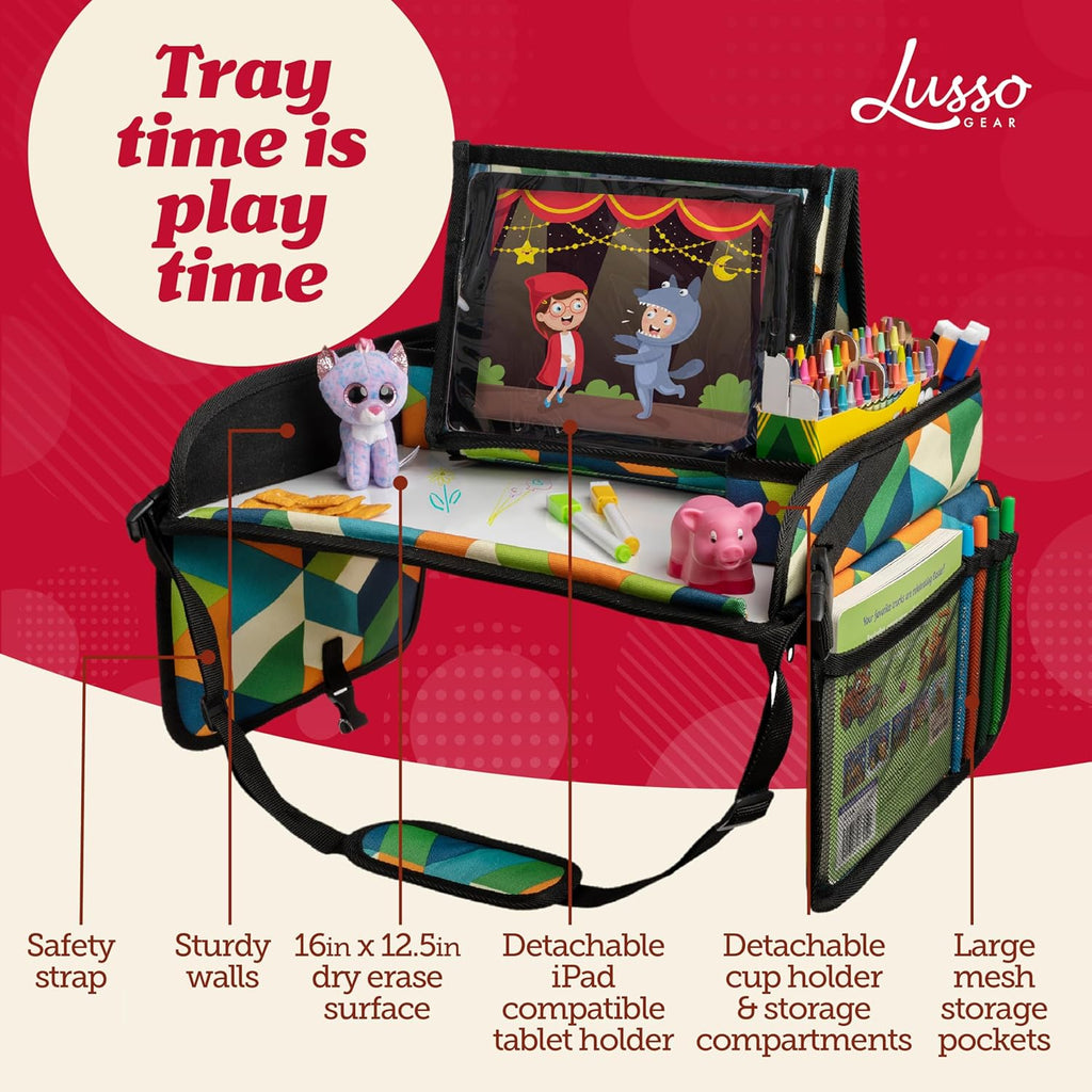 Lusso Gear Kids Travel Tray for Toddlers & Kids - Car Seat Lap Tray for Airplane & Road Trip Activities (Geometric)